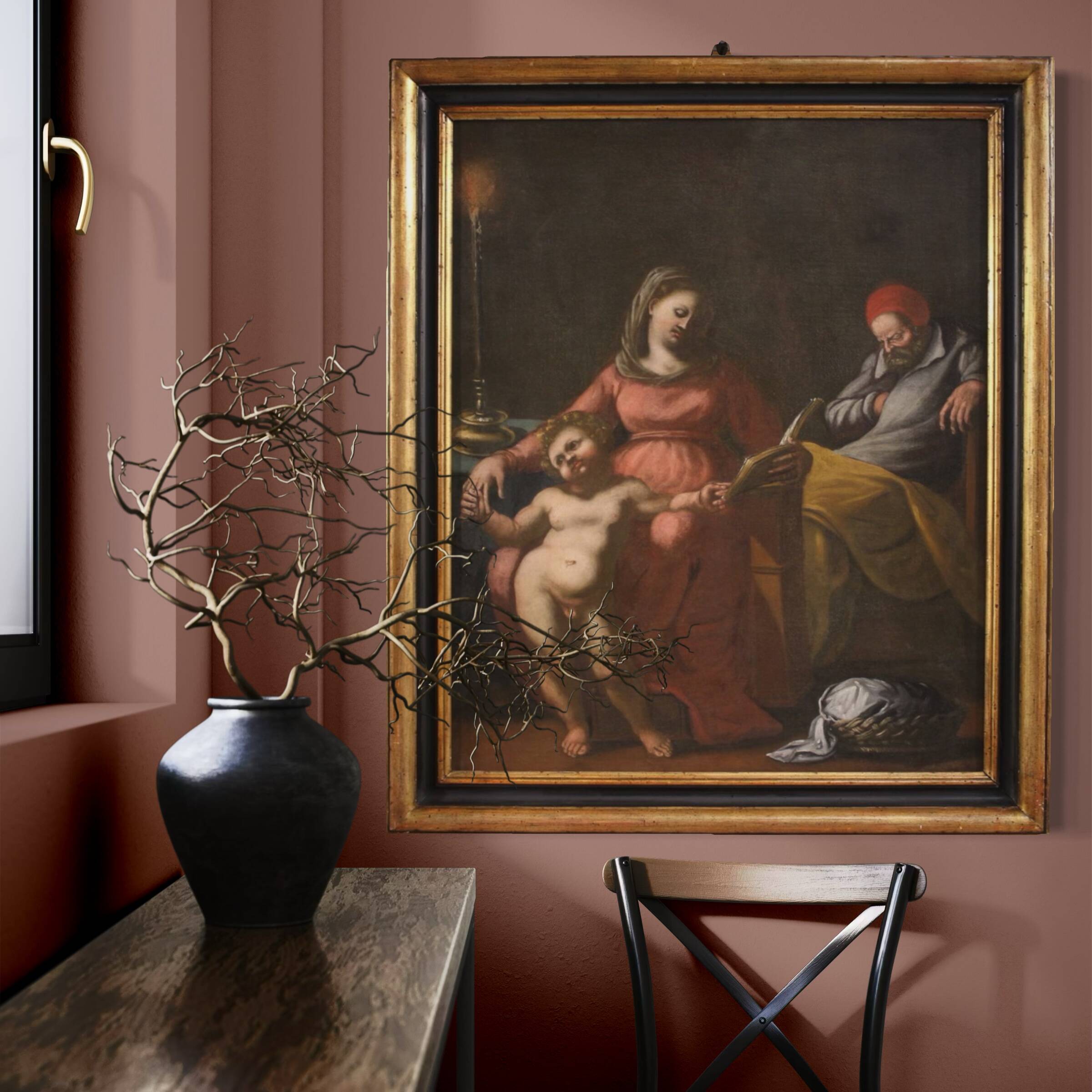Peinture italienne antique du 17ème siècle, Sainte Famille.