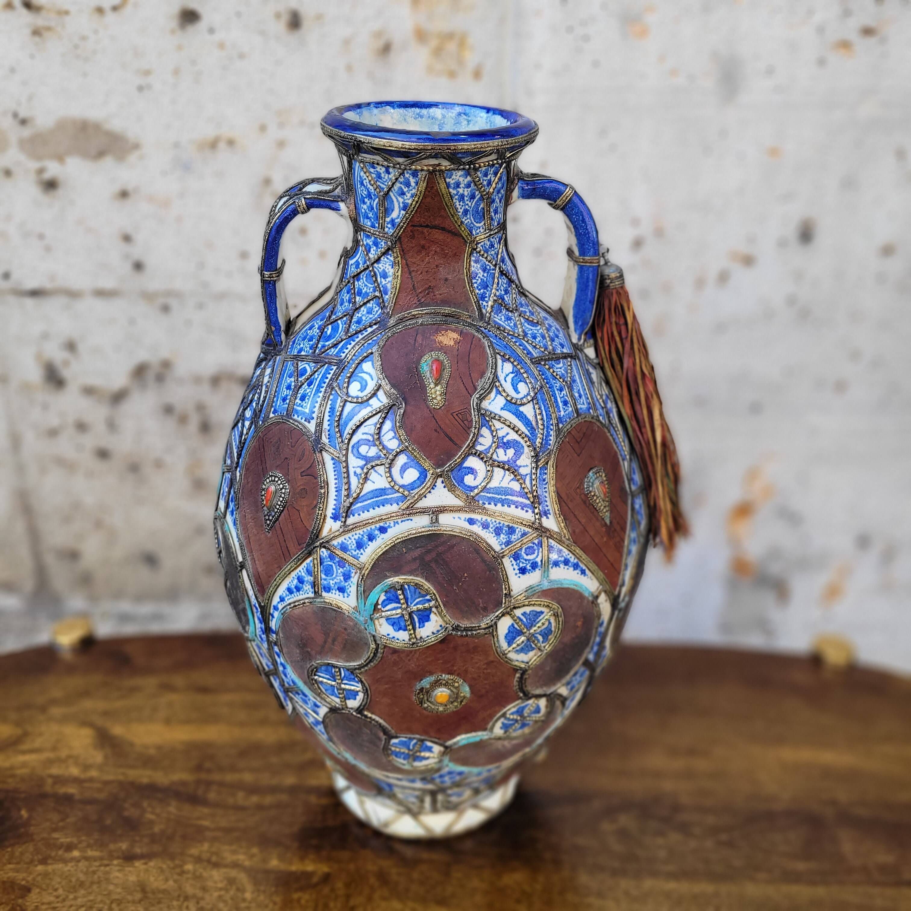 Filigree vase, ceramic, leather, enamel and metal, 19th century - Safi, Morocco