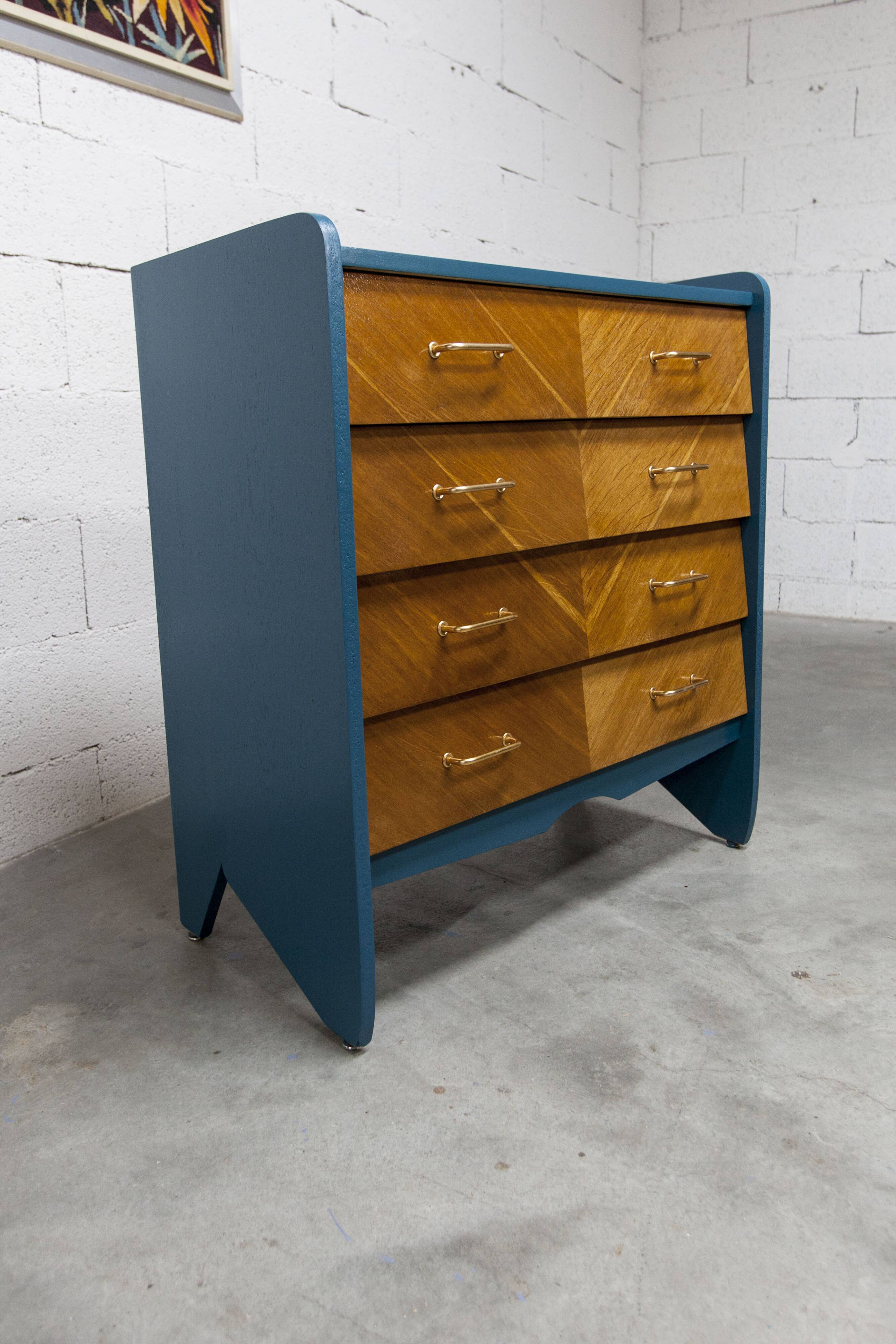 Commode scandinave 1960 atypique bleu Satiné 4 tiroirs