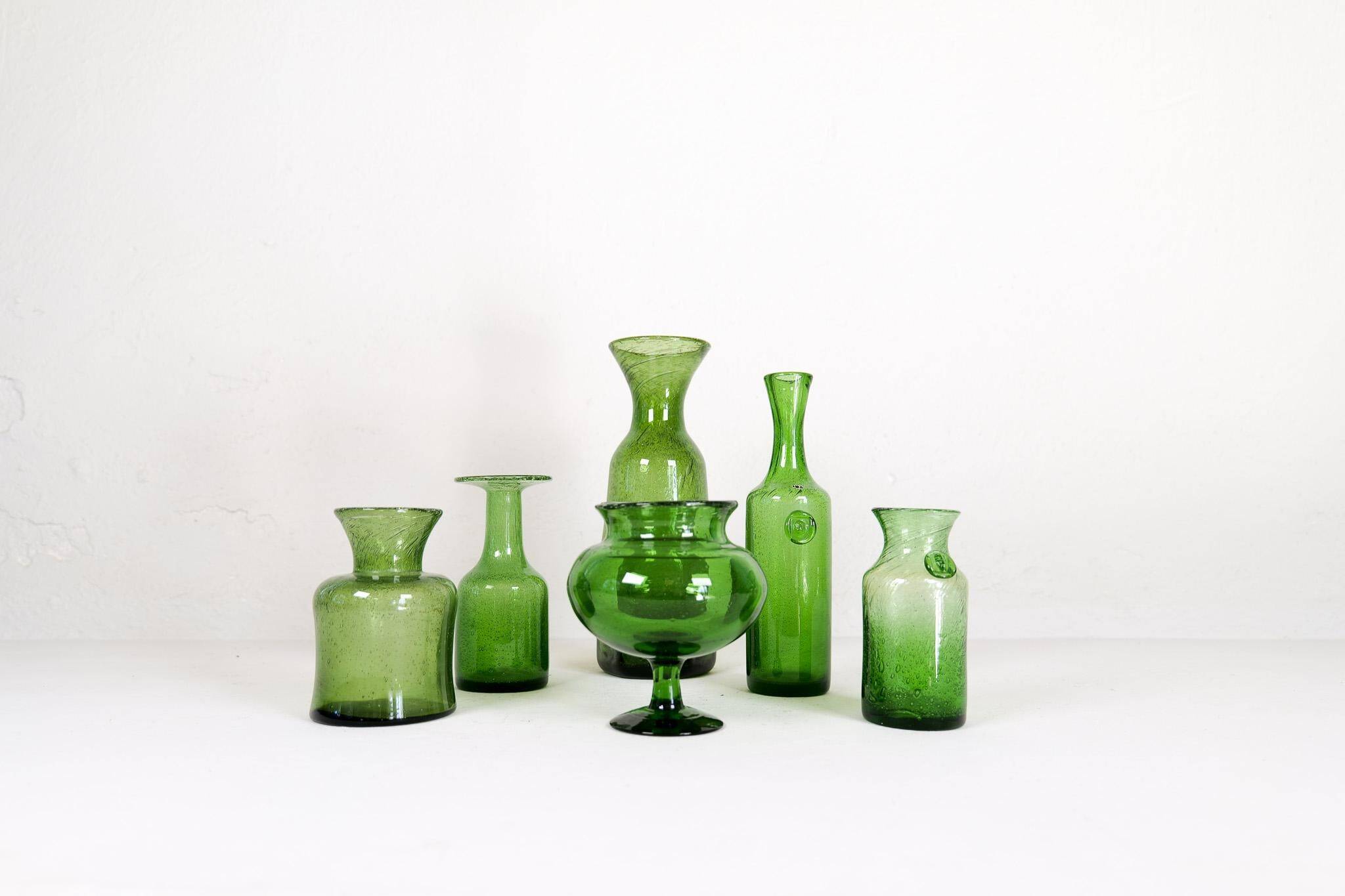 Mid-century modern collection of six green vases by Erik Hoglund, Sweden, 1960s.