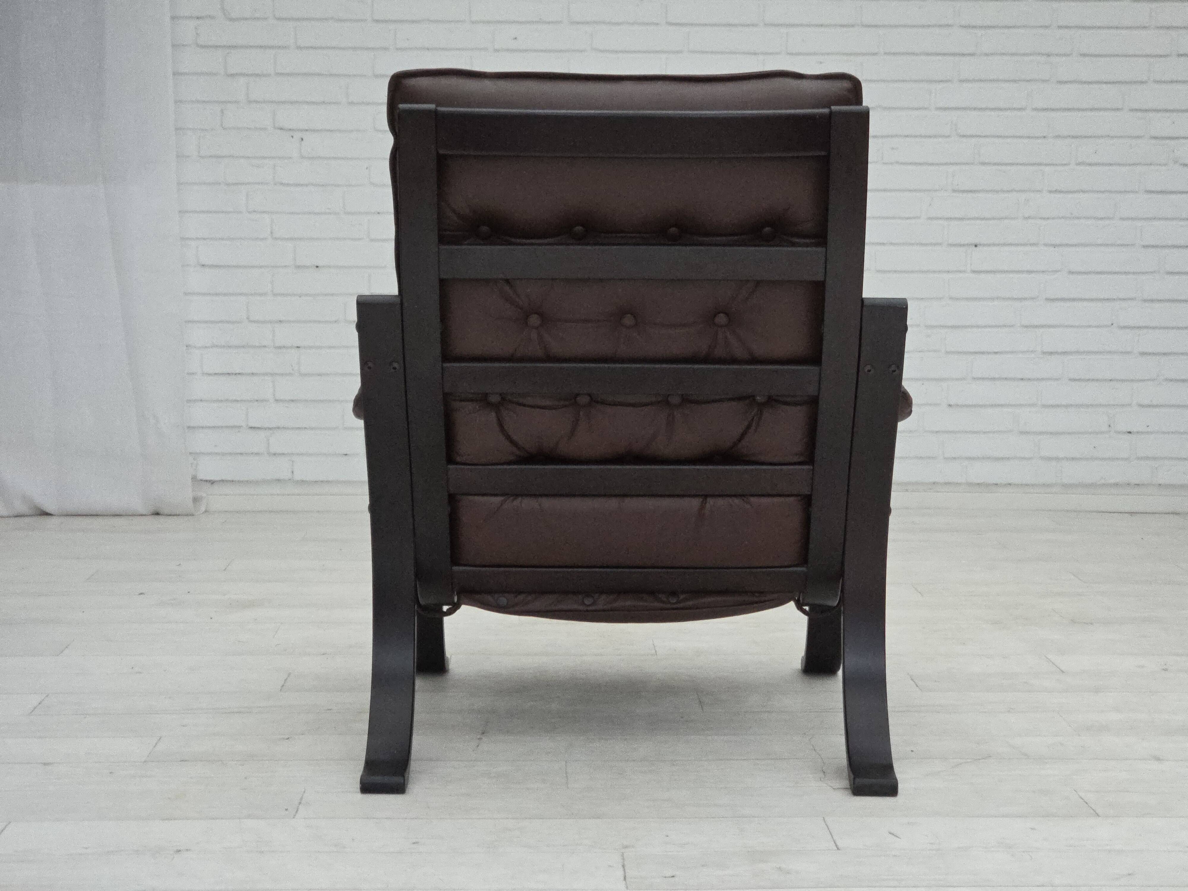 1970s, Scandinavian vintage design, armchair, brown leather, bent wood.