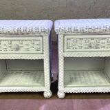 Pair of white lacquered rattan bedside tables