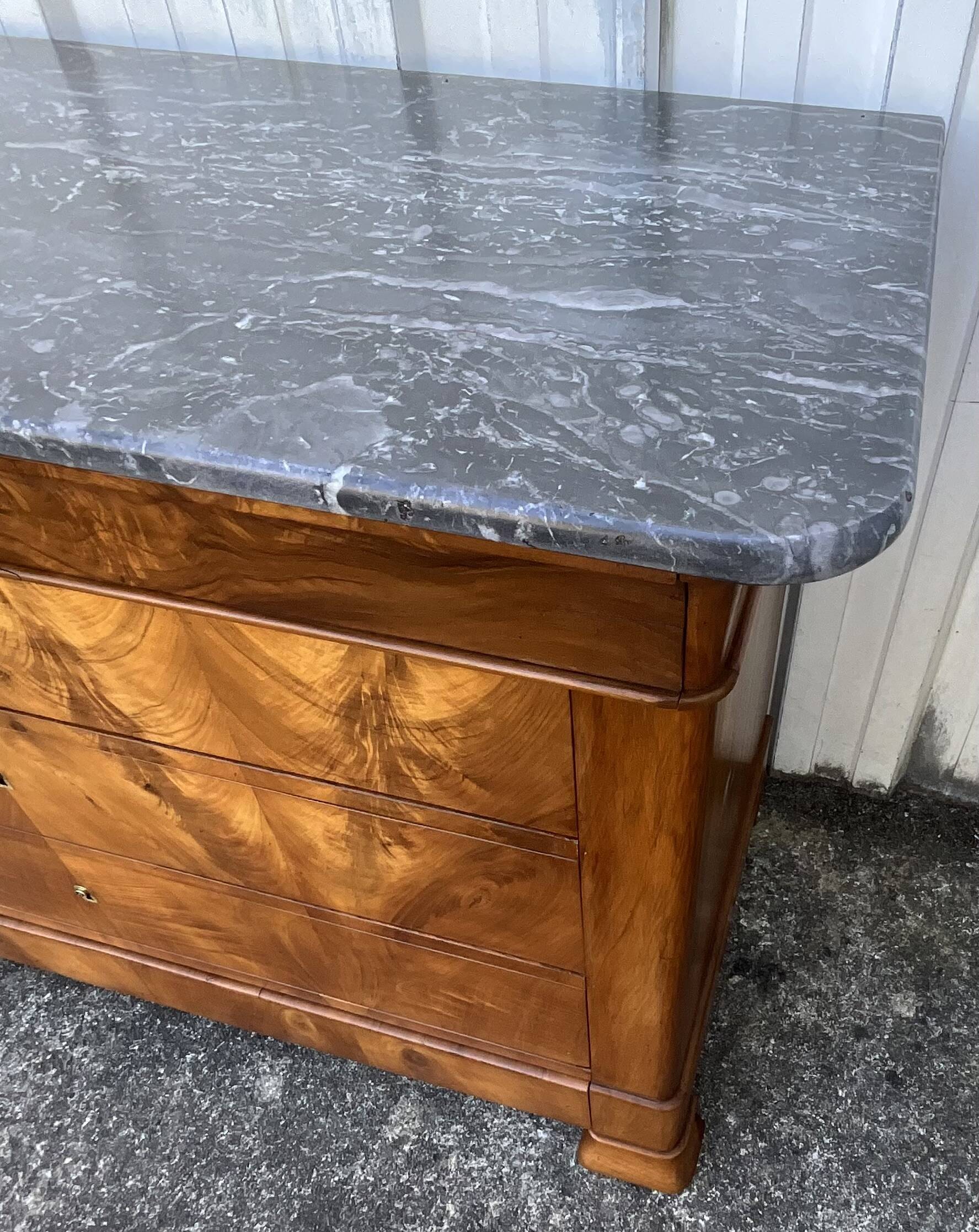 Louis-Philippe commode in burr walnut, Saint-Anne grey marble, mid-century