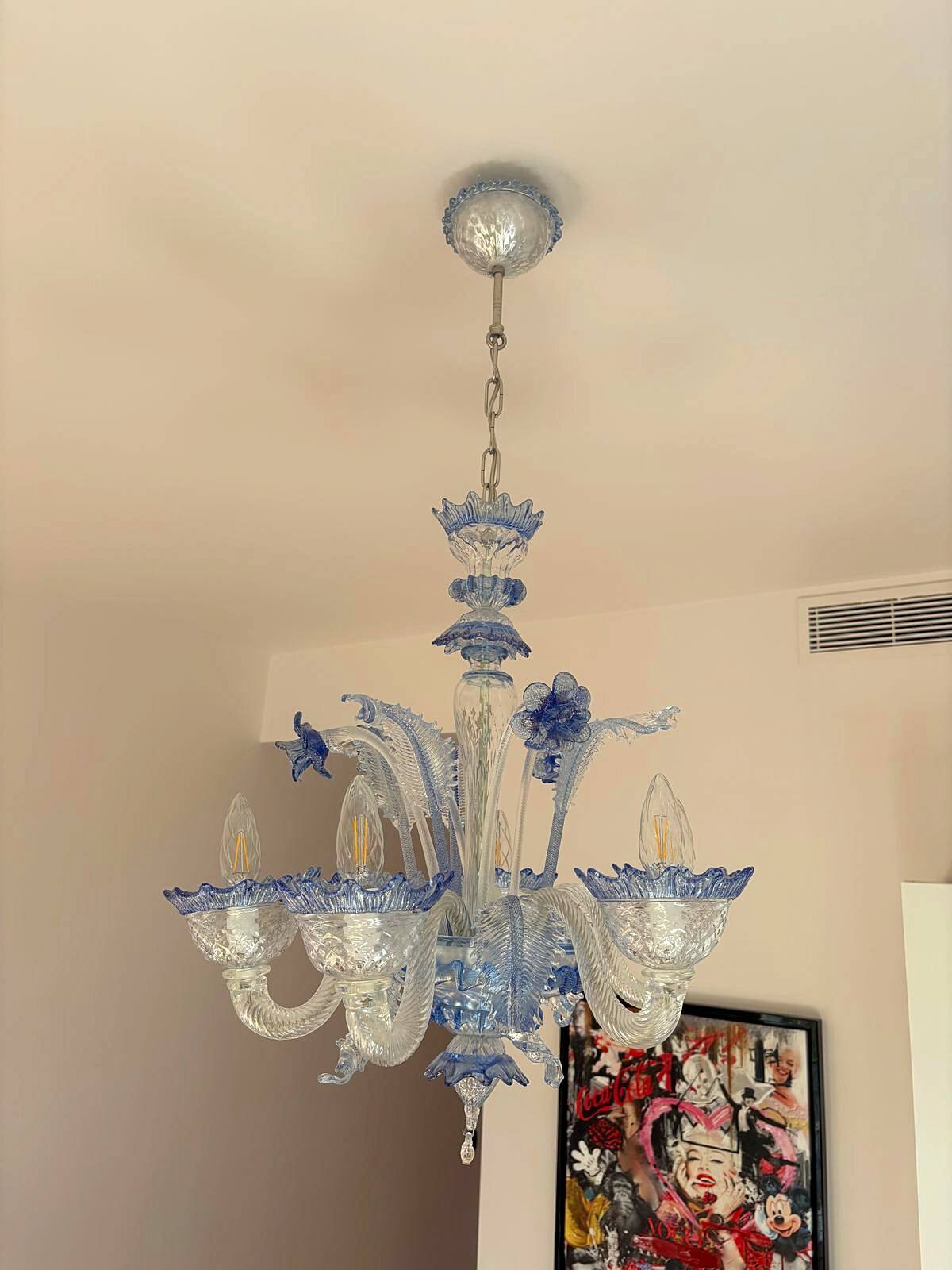Venetian chandelier in blue Murano glass and crystal, 6 arms
