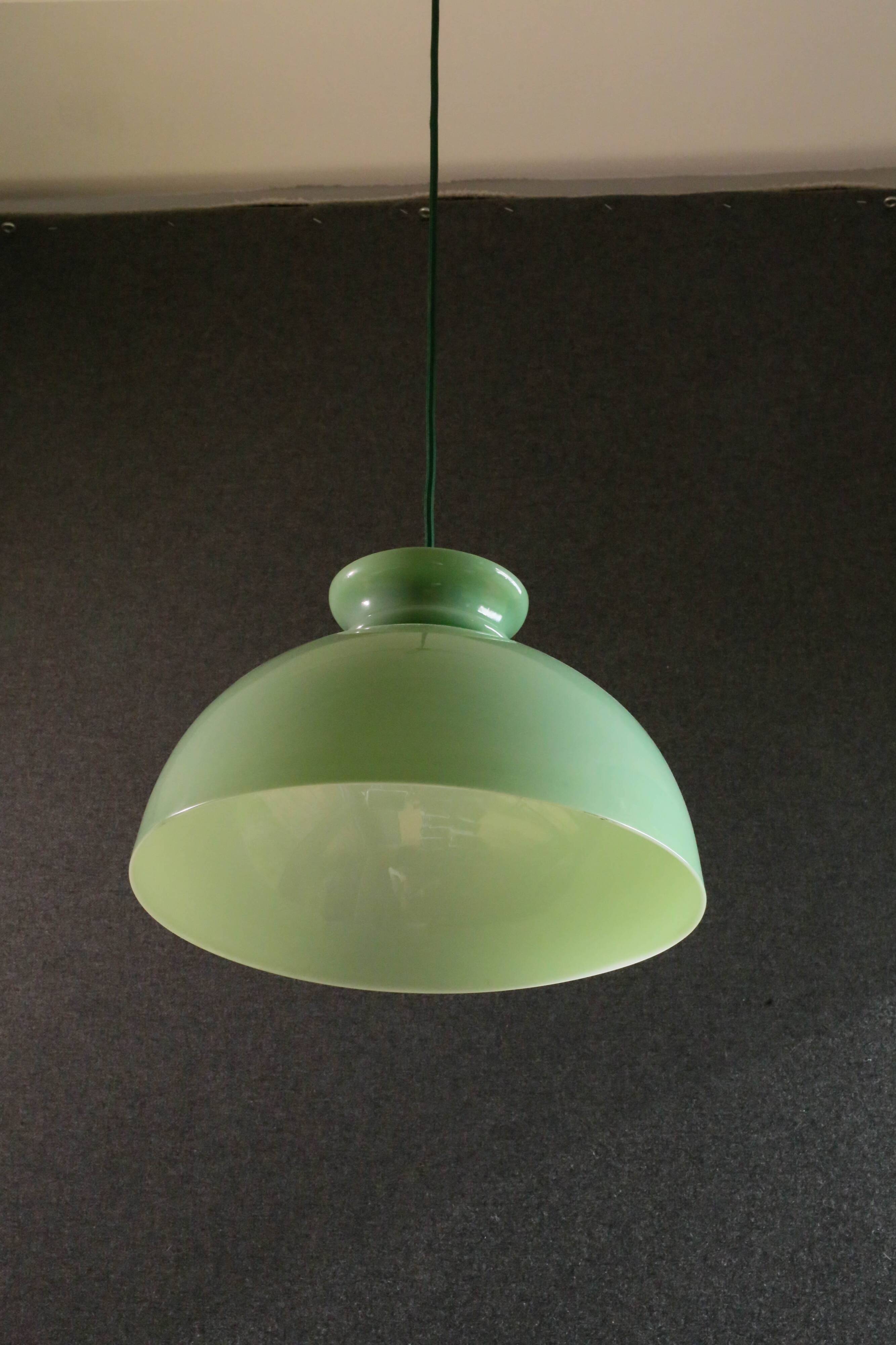 Old semi-round opaline pendant light in green glass - large model - circa 1950