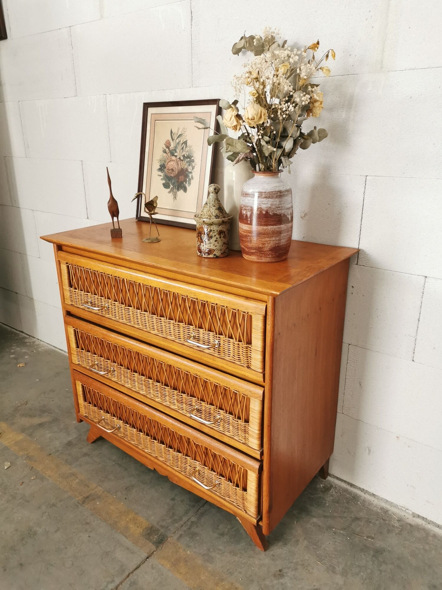 Vintage wood and rattan chest of drawers