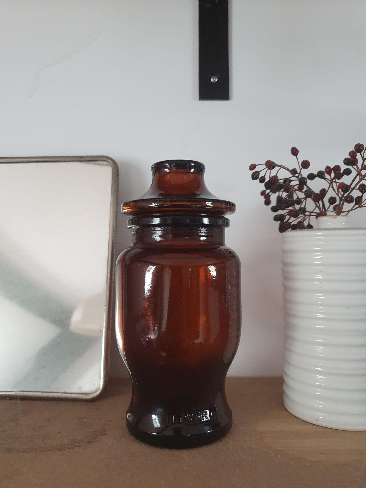 Vintage smoked glass jar with its hermetic lid manufactures in belgian 18cm high