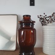 Vintage smoked glass jar with its hermetic lid manufactures in belgian 18cm high