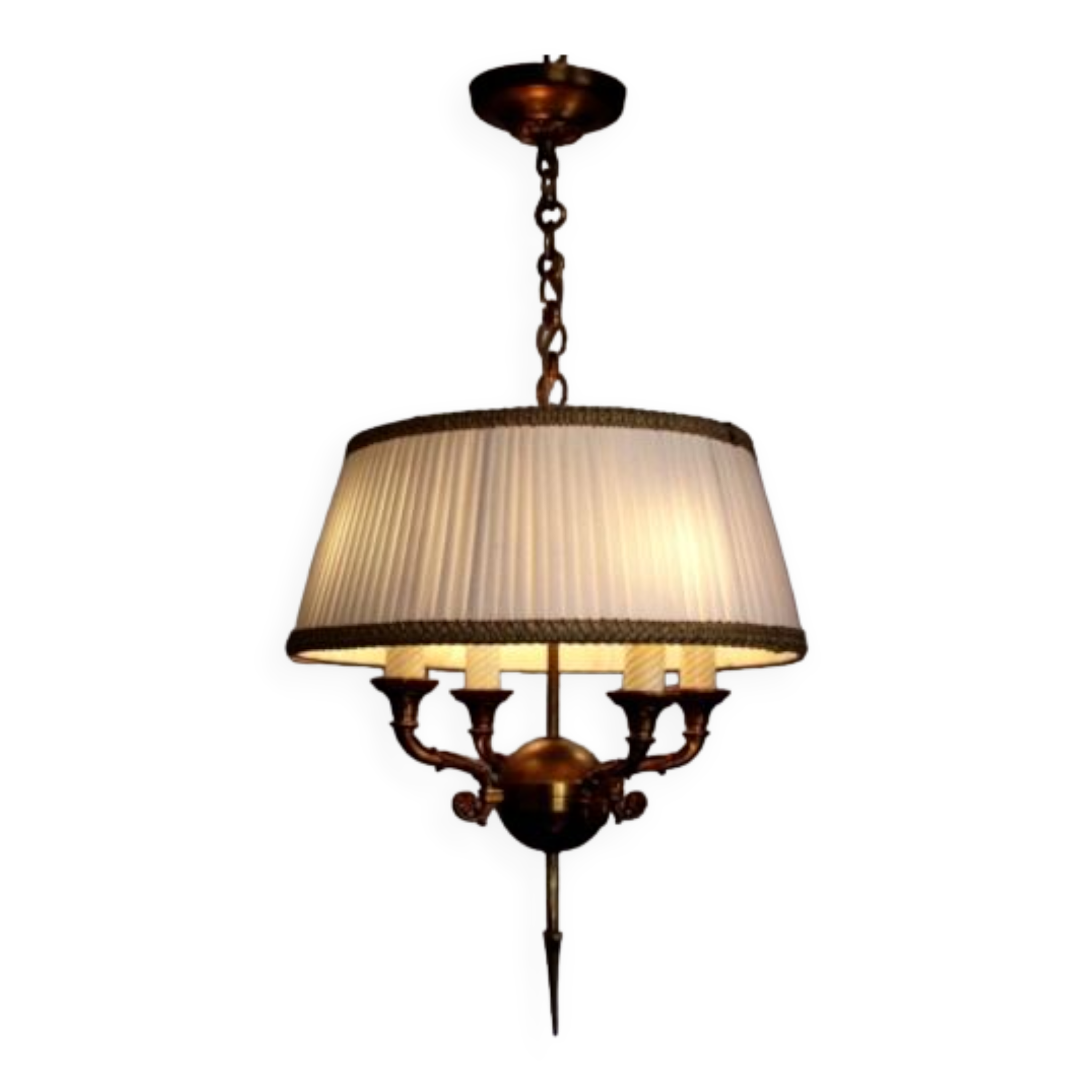 French antique empire style 4 light chandelier pleated cream fabric shade 4311