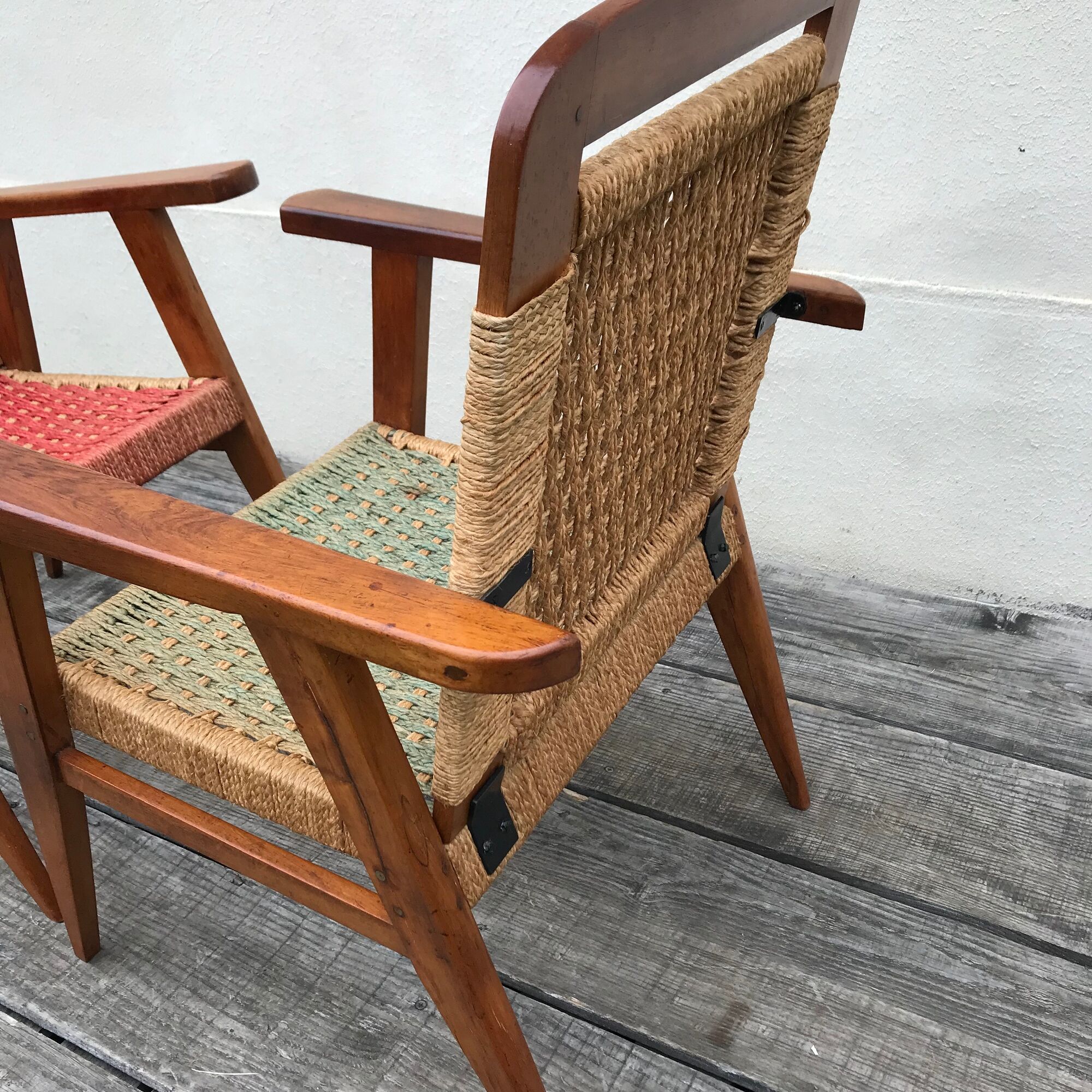 Pair of vintage 1940 armchairs in mahogany and braided rope