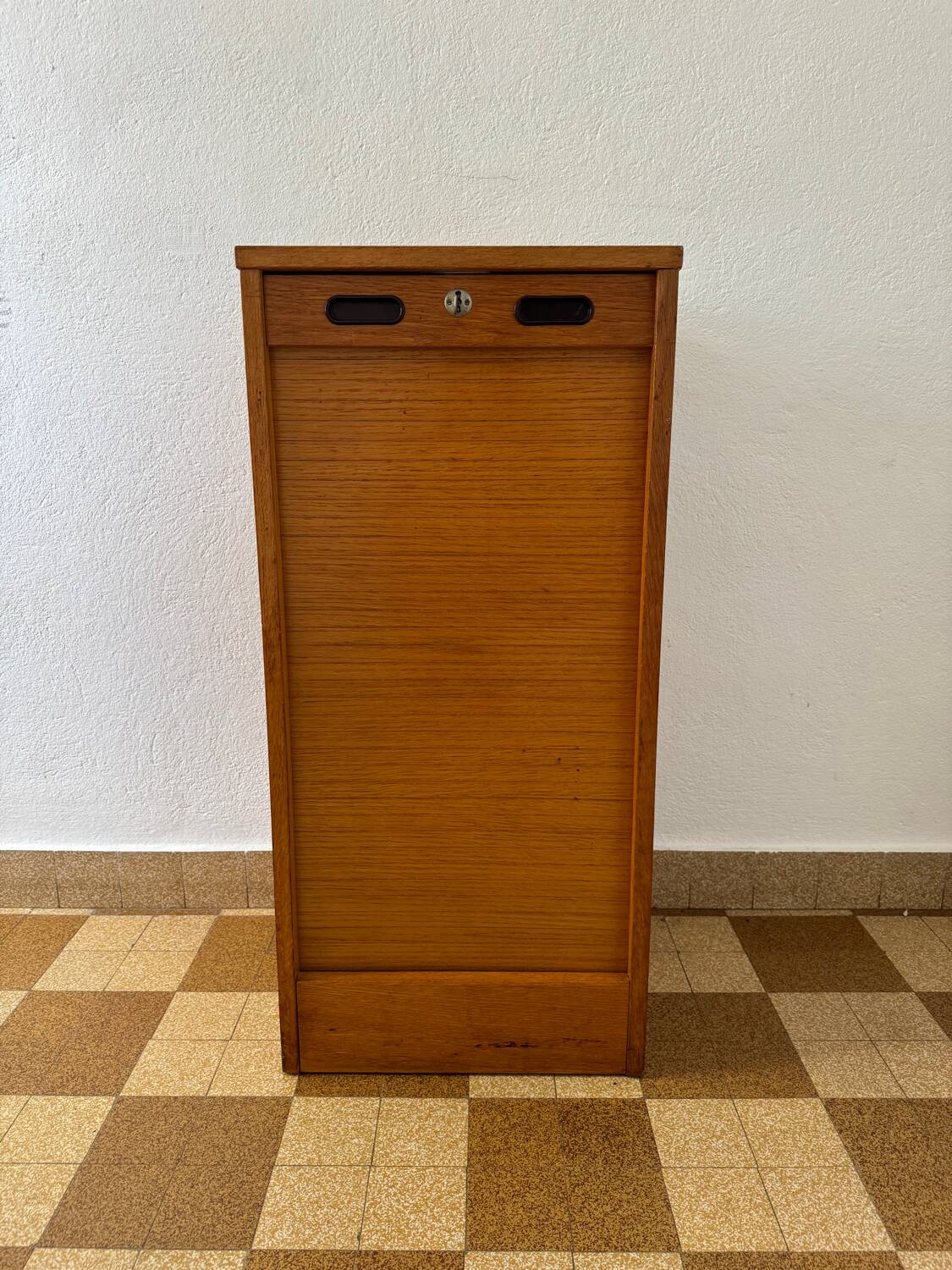 1960s wooden curtain filing cabinet