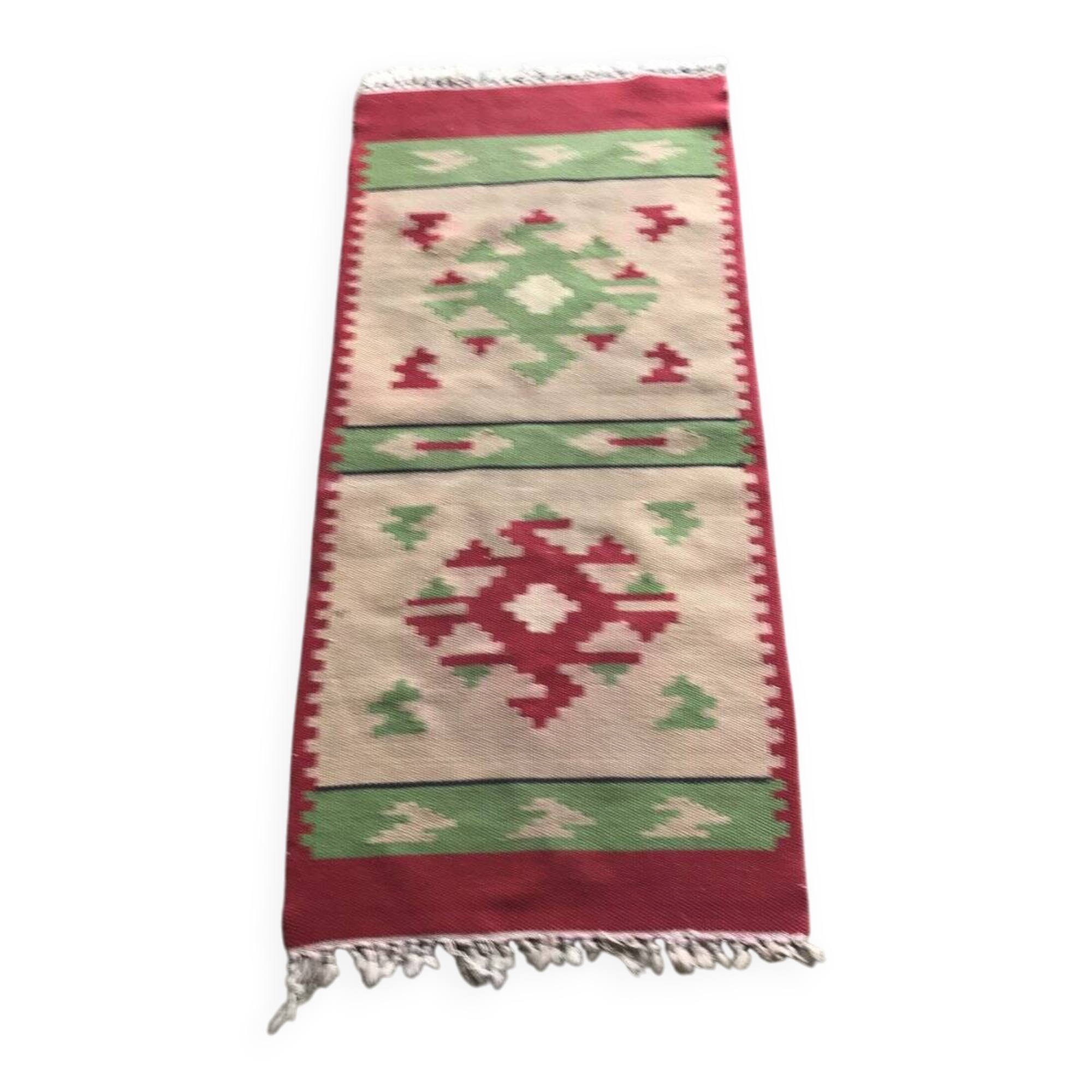 Mid-century multicoloured hallway rug in textile, kilim style, 1950s — 106 x 47 cm