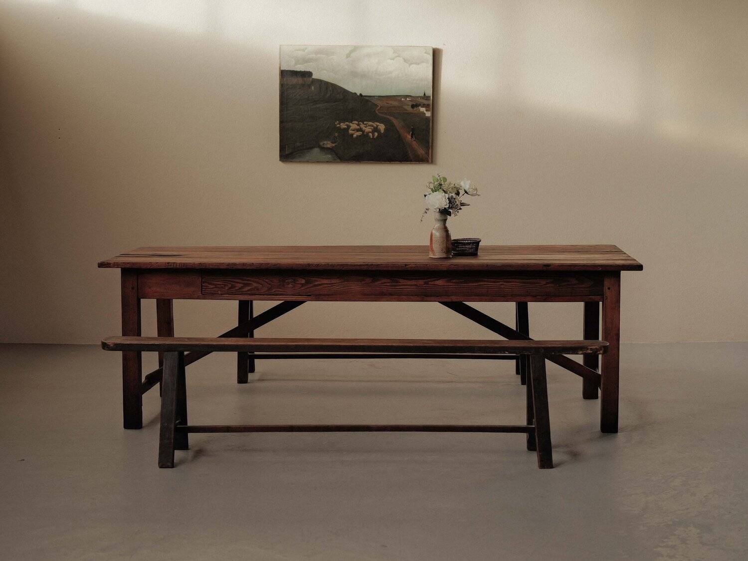 Large farmhouse table in solid pine – Auvergne, around 1900