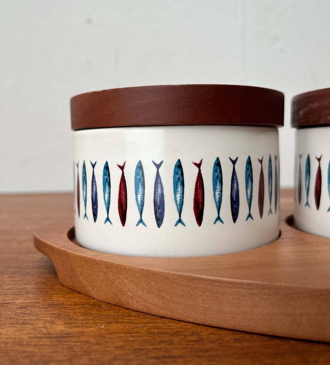 Sets of Swedish herring pots in ceramic and teak by Asa Lindberg for Sagaform, 2000s, set of 4.