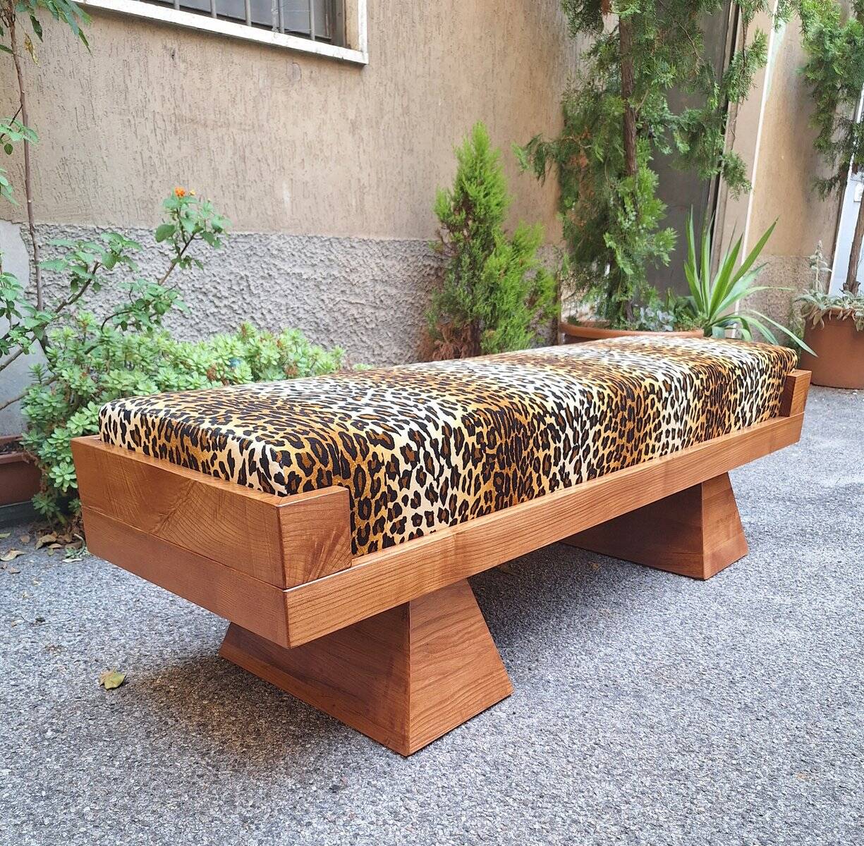 Bench with Pyramid Legs and Animalier Fabric from Artigianato Italiano, 2000s