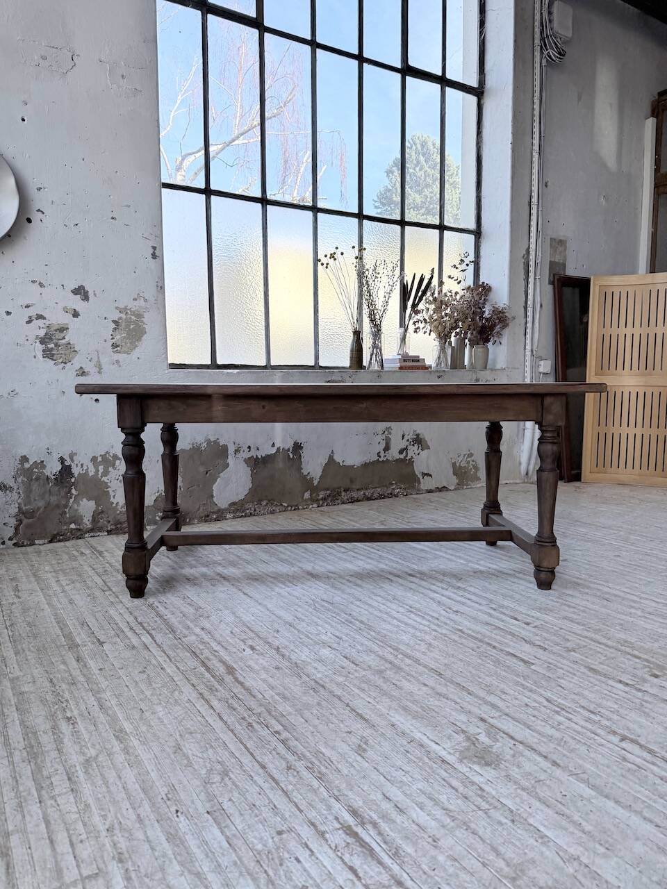 Farm table with turned legs, made of pine and birch, 180cm.