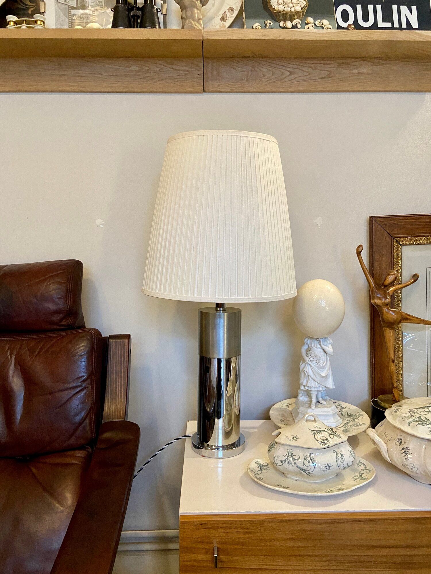 Table lamp in beige pleated cotton and chrome aluminum