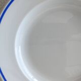 3 Pillivuyt white porcelain dinner plates with blue edging.