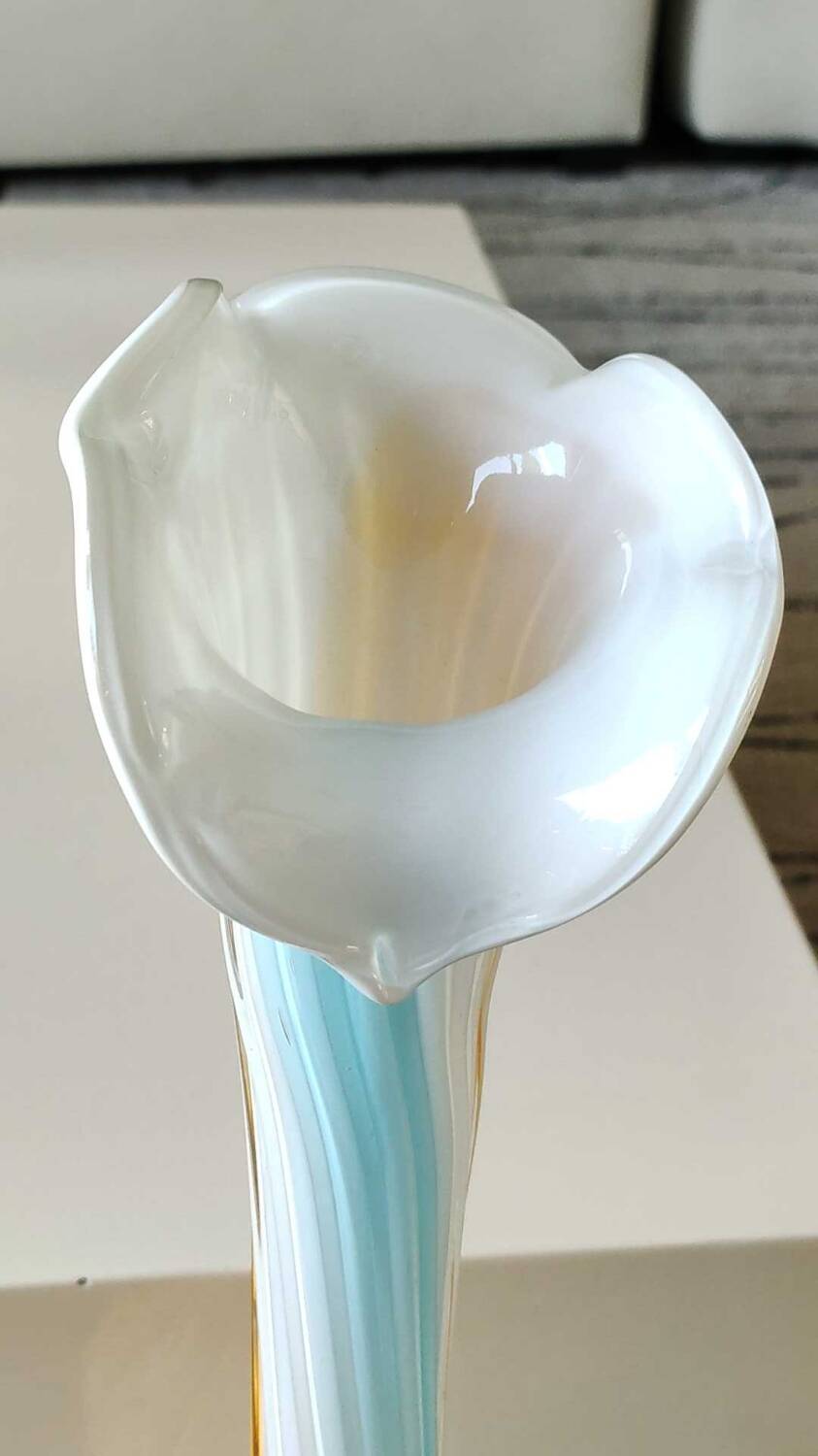 Antique large soliflore vase in venetian opaline glass, jack in the pulpit/murano. arum flower collar/triple multi-colored twisted overlay. high 40 cm