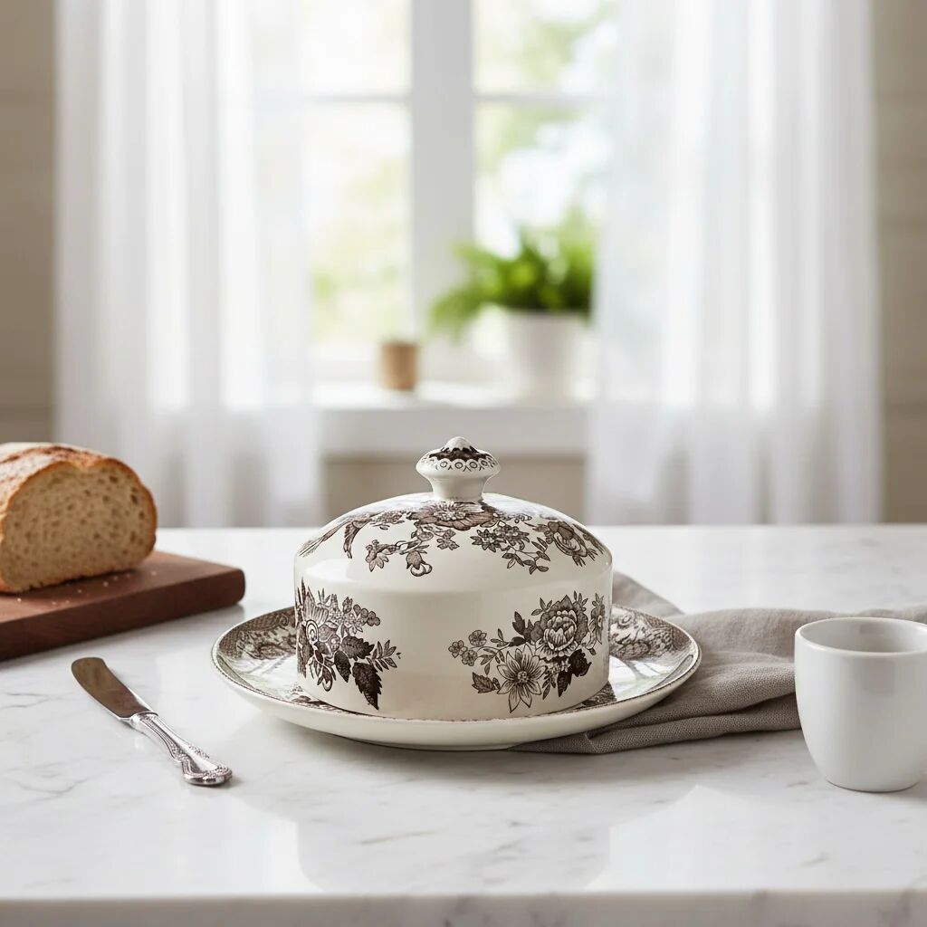 Beurrier en céramique blanc et marron avec des faisans Wedgwood