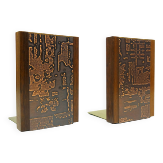 Stunning pair mid century teak & copper brutalist bookends Germany 1960