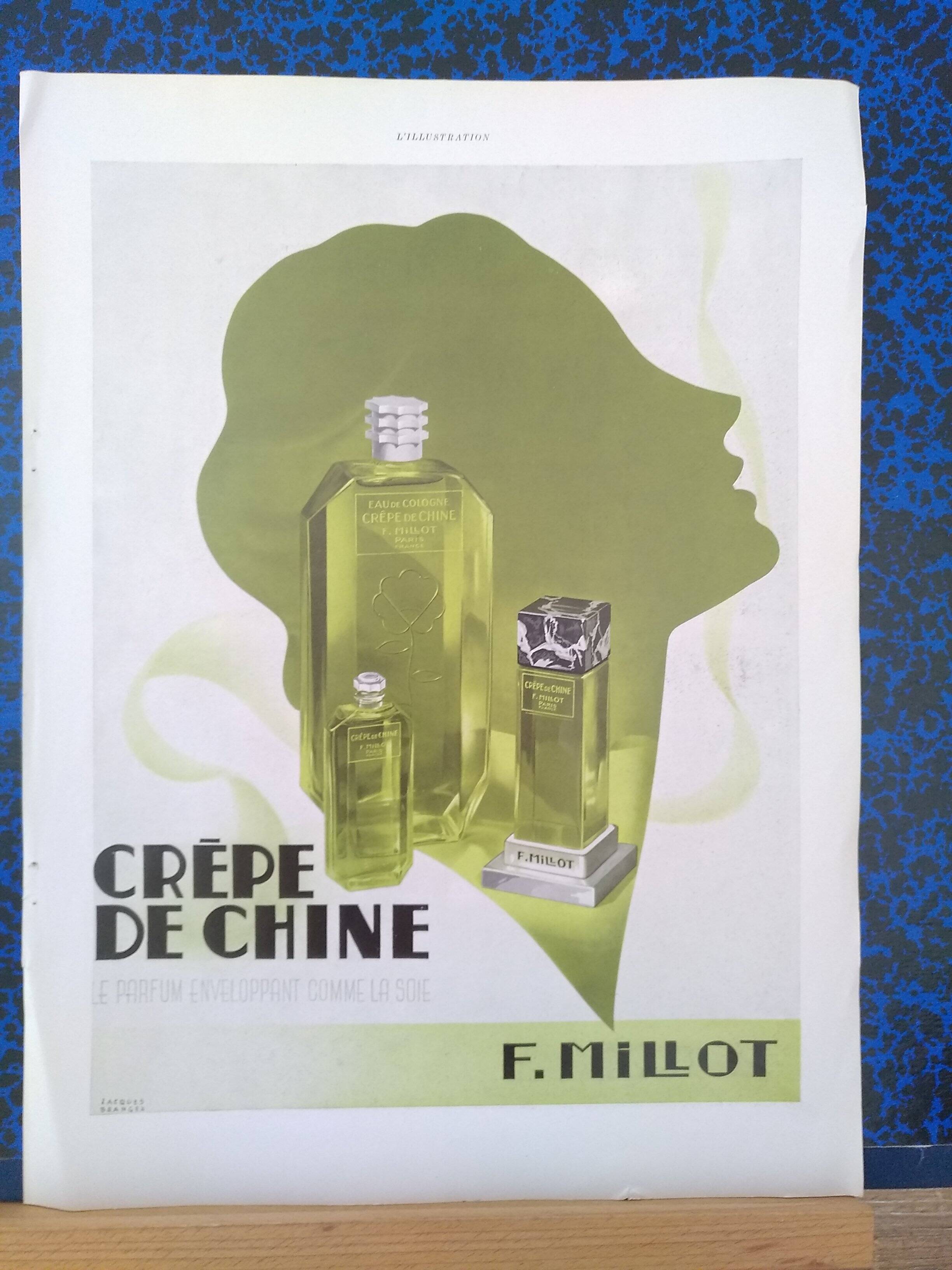 A paper advertisement for perfume brand crêpe de chine and eau de cologne from 1937 magazine
