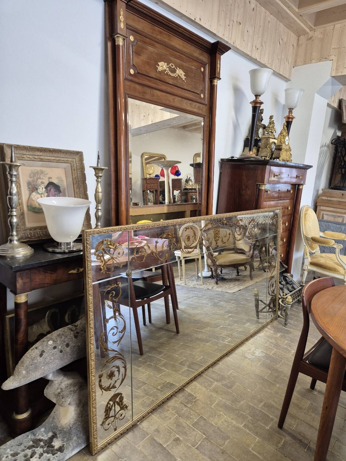 Antique gilded Venetian brasserie mirror in eglomised glass