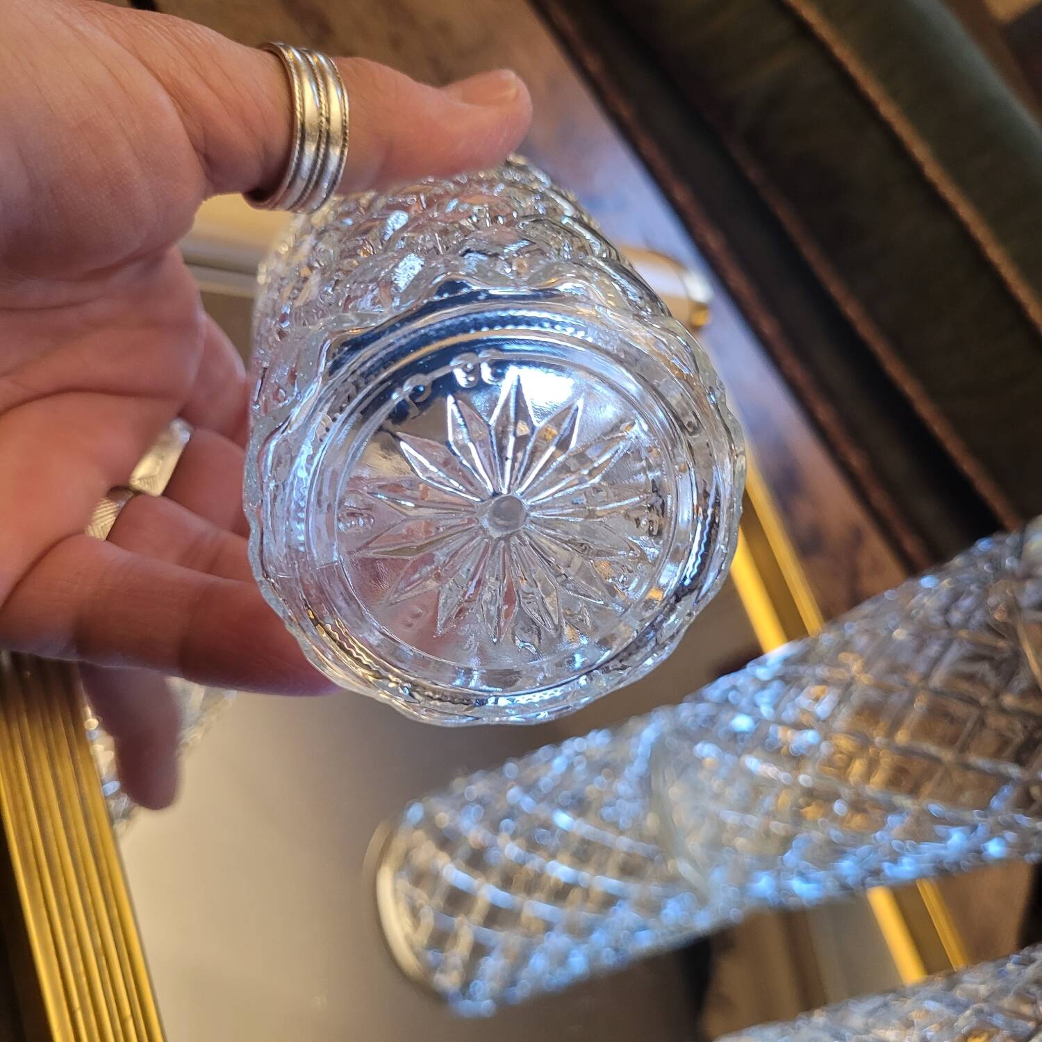 Set of three long drink glasses in pressed glass with a diamond pattern, 1960.