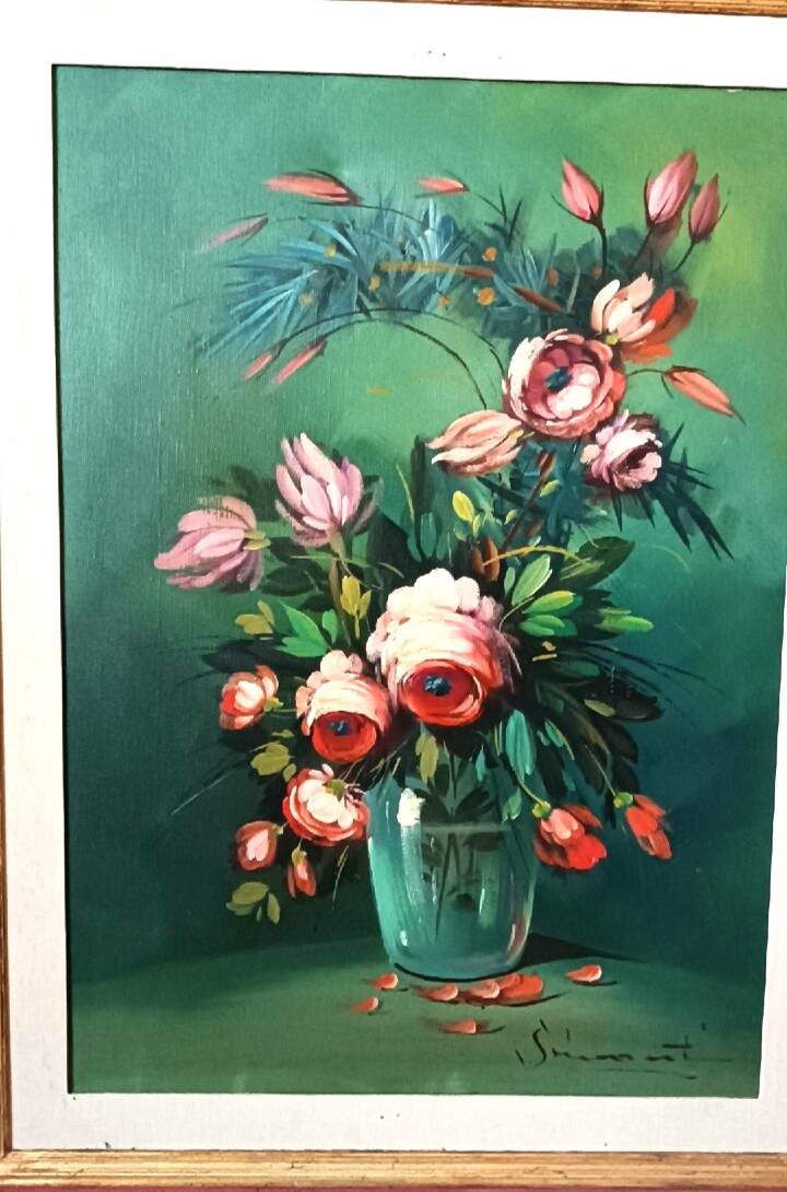 Large oil painting on canvas vase with flowers signed