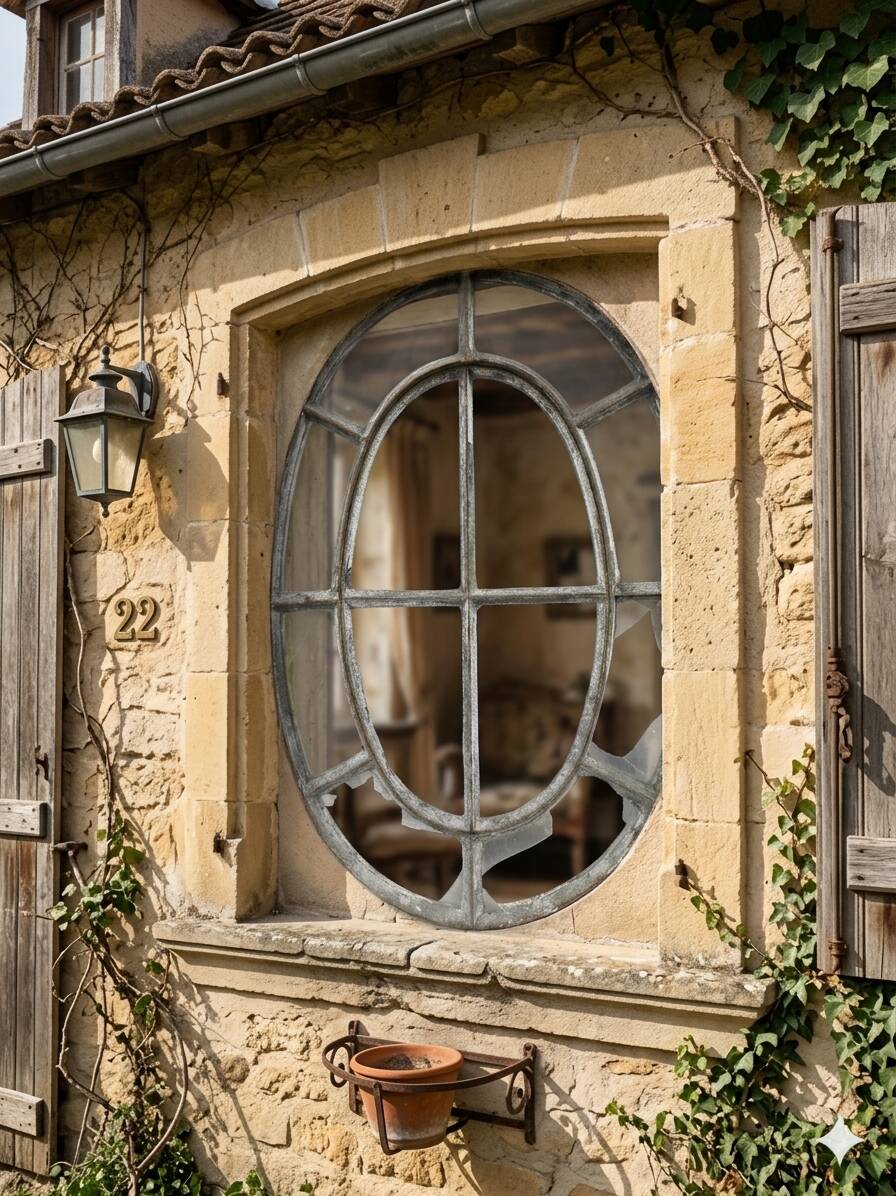 Bull's-eye window from the 19th century in iron (with opening).