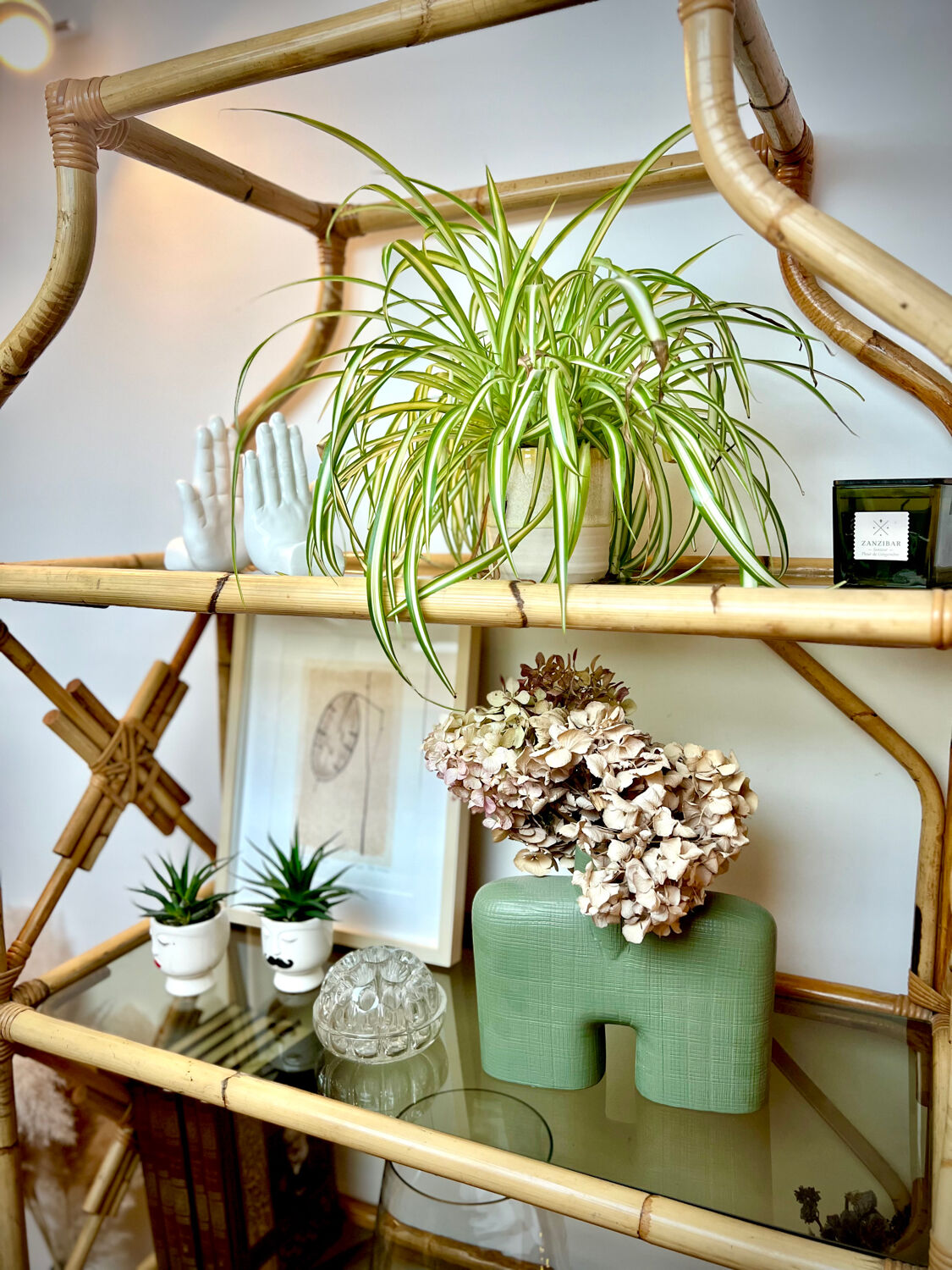 Rattan and glass shelf