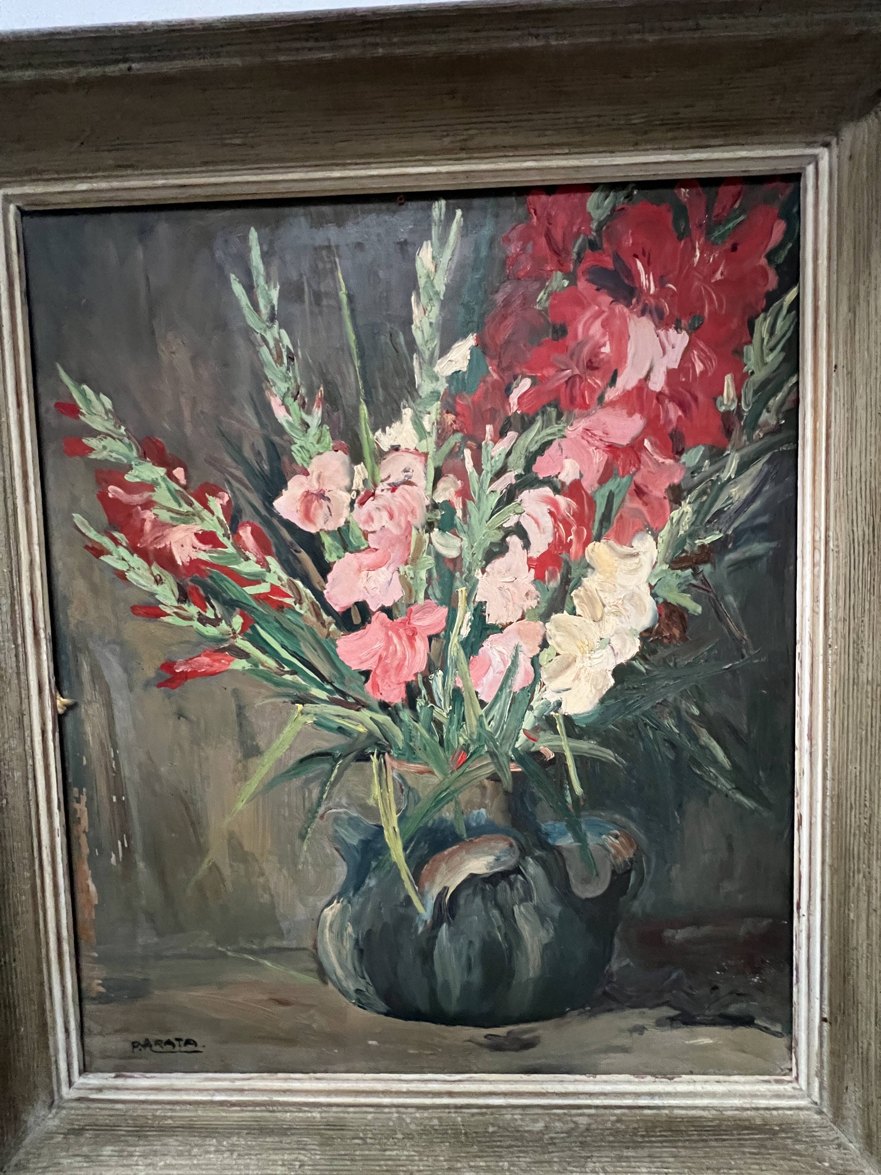 Oil on isorel "the bouquet of gladioli" signed p. arata 20th century