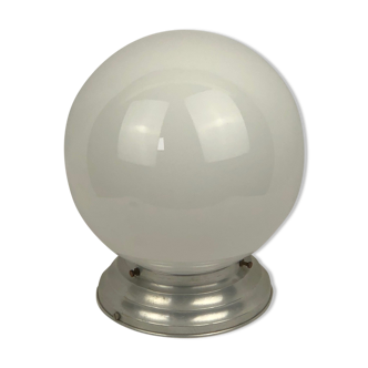 Globe ceiling light in white opaline and aluminum, 1950