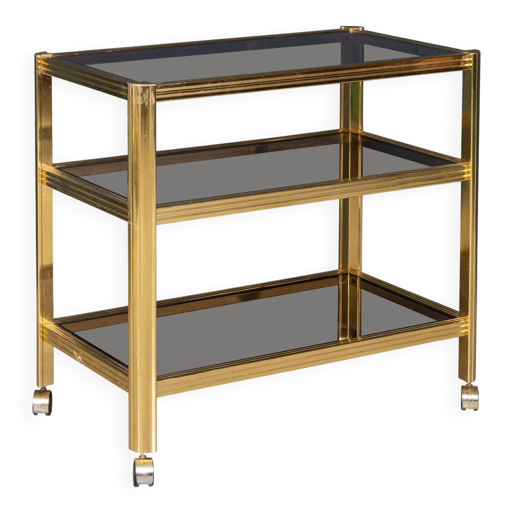 20thC BRASS & SMOKED GLASS DRINKS TROLLEY ATTRIBUTED TO MAISON JANSEN c1970