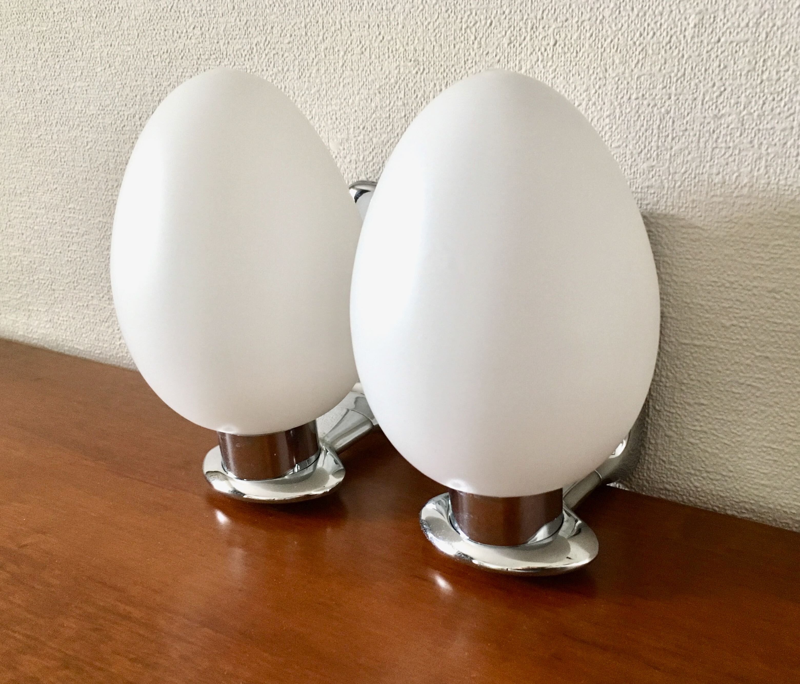 Pair of opaline wall lamps and chrome metal