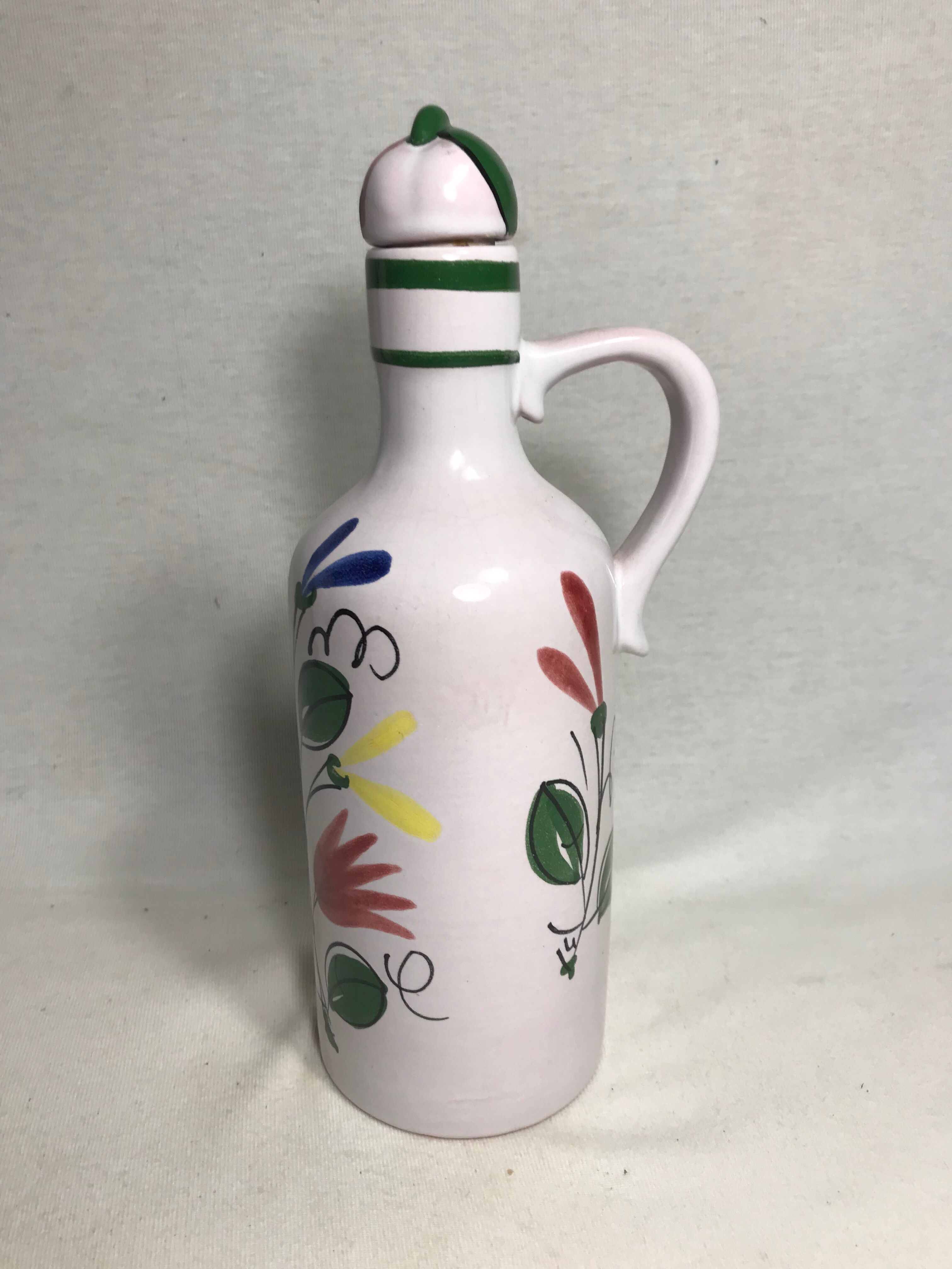 Old bottle Elchingerceramics drawing flowers + Cap France Vintage