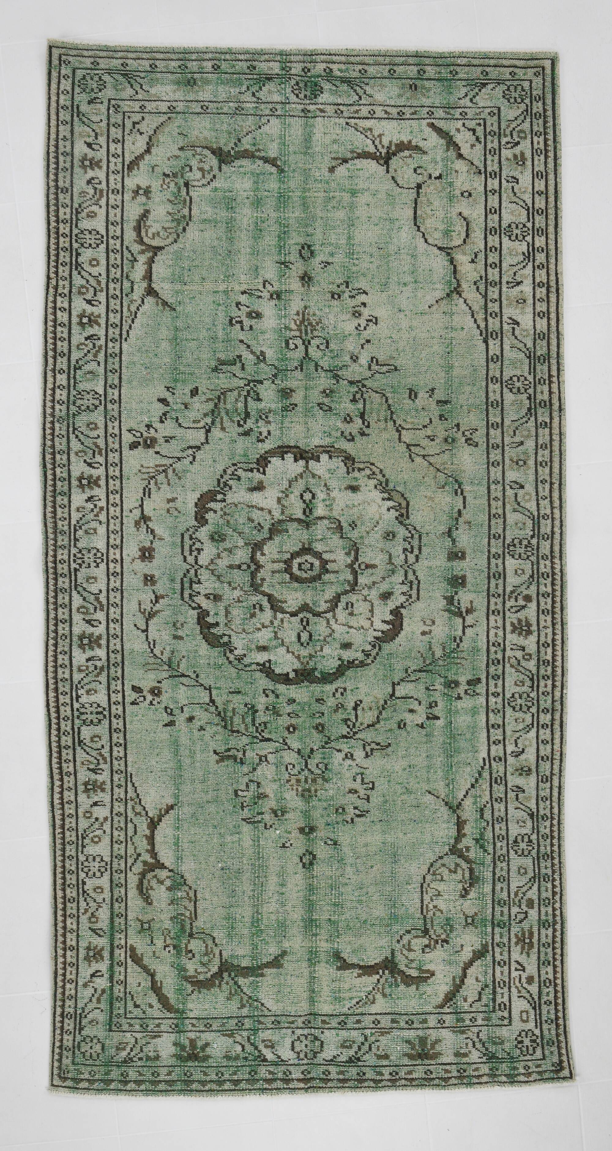 4x9 Rug For Living Room Green Oriental Turkish Vintage Rug, 135x270Cm