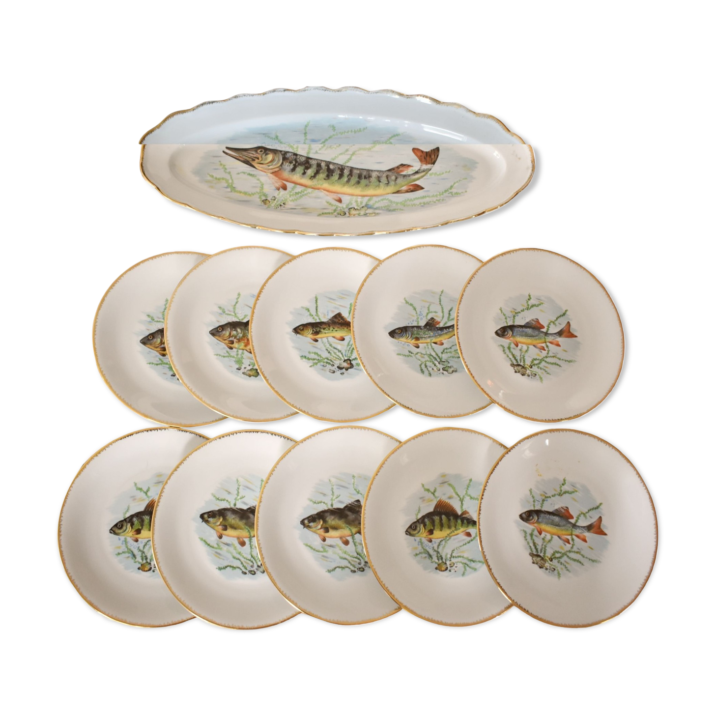 Rare: fish set 11 pieces, Société Française de Porcelaine