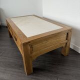 Table basse vintage en bois (chêne massif) et marbre
