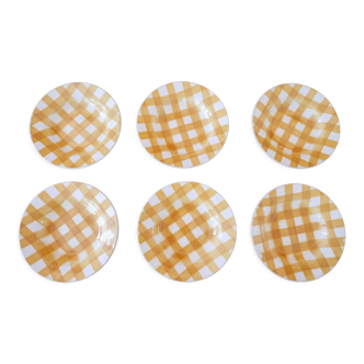 6 assiettes creuses à carreaux jaunes et blancs