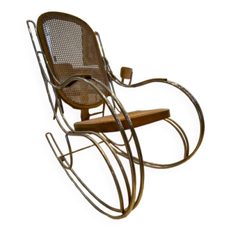 Vintage rocking chair in steel and canework