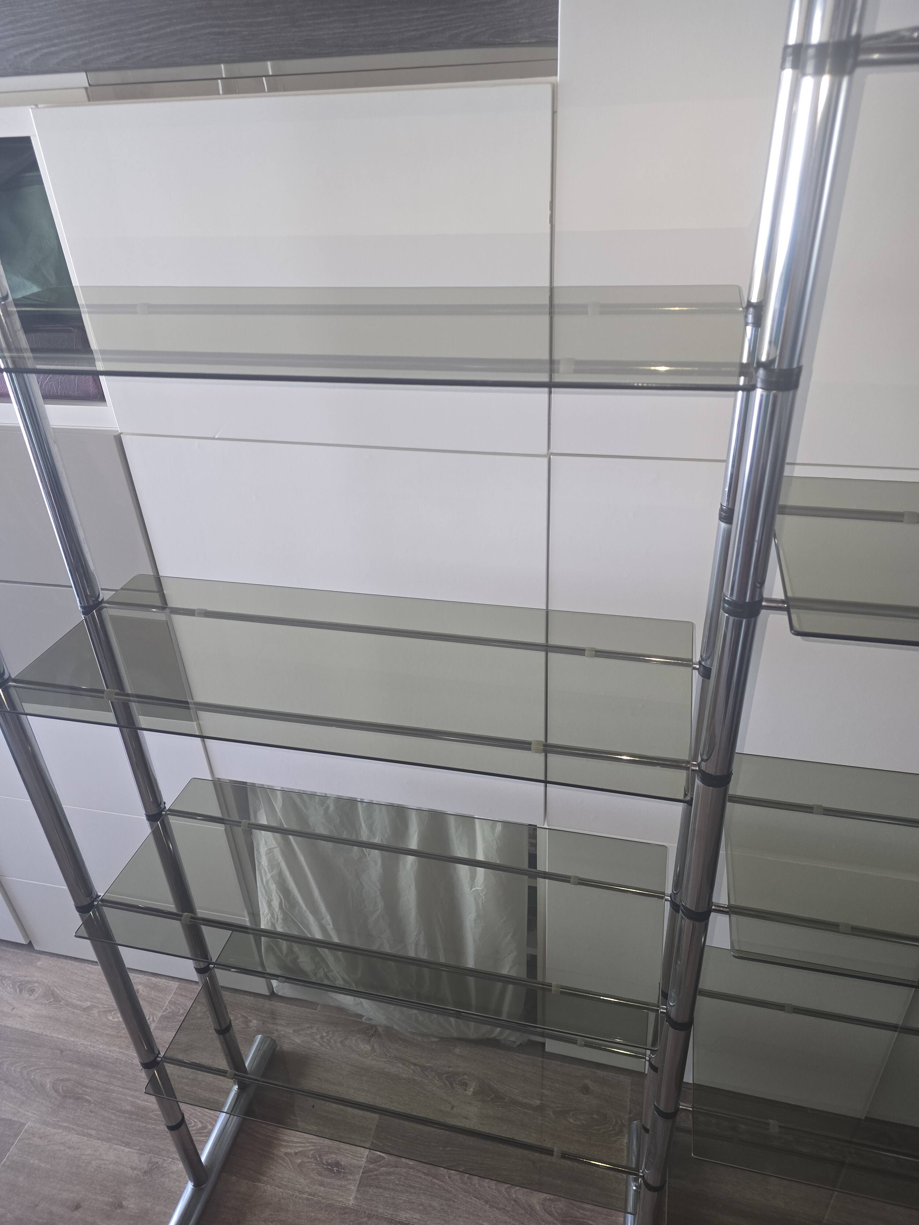 Large vintage double bookshelf from the 70s with chrome and smoked glass.