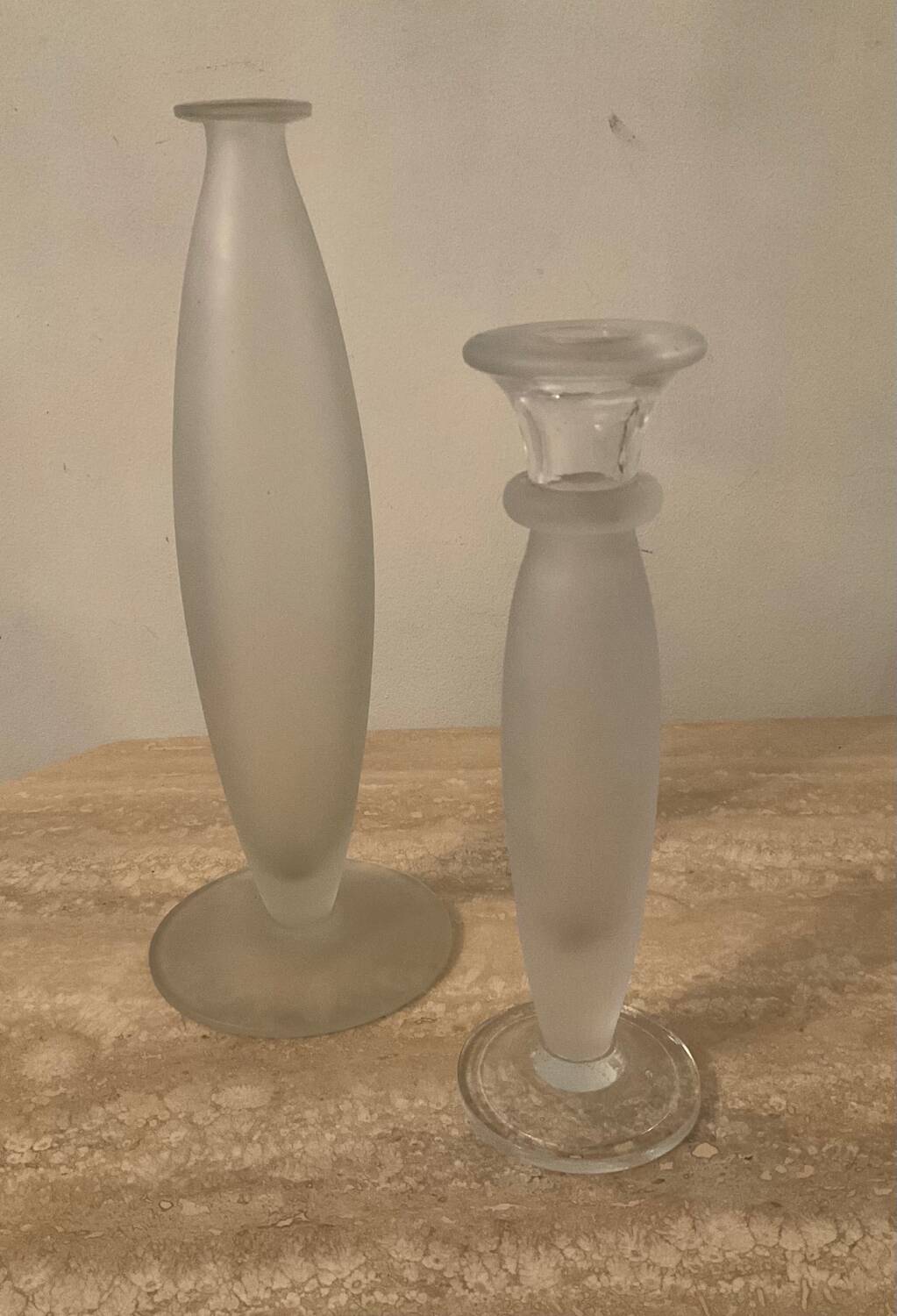 Duo of vintage soliflore vases in frosted glass