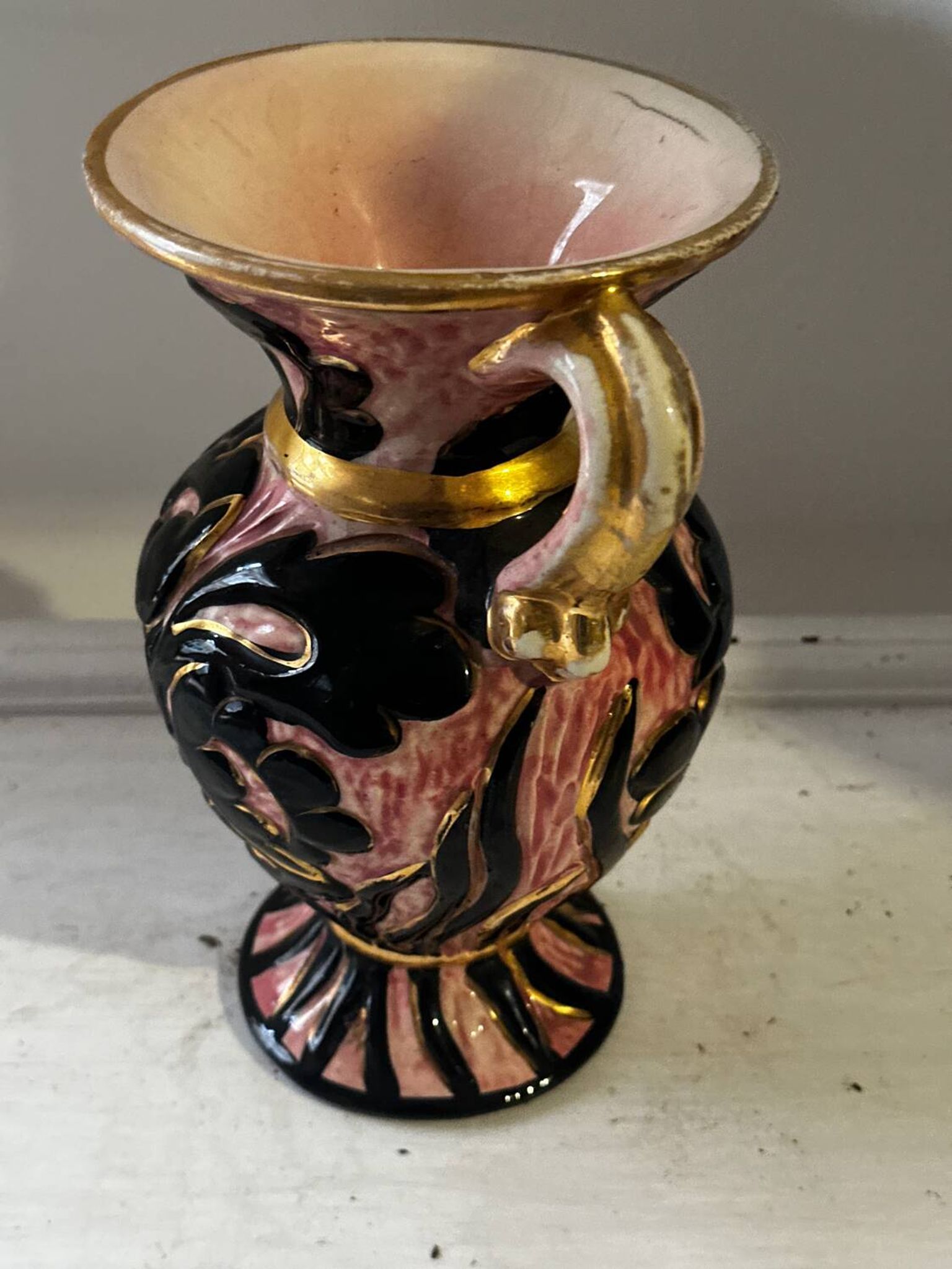 Vintage Vallauris vase amphora with relief floral decoration.