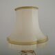 Table lamp with wooden base and fringed shade