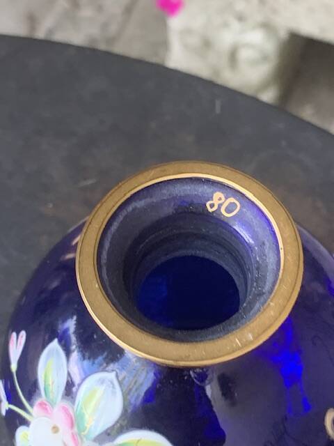 Perfume bottles, in hand-painted blue Bohemian crystal, antique.