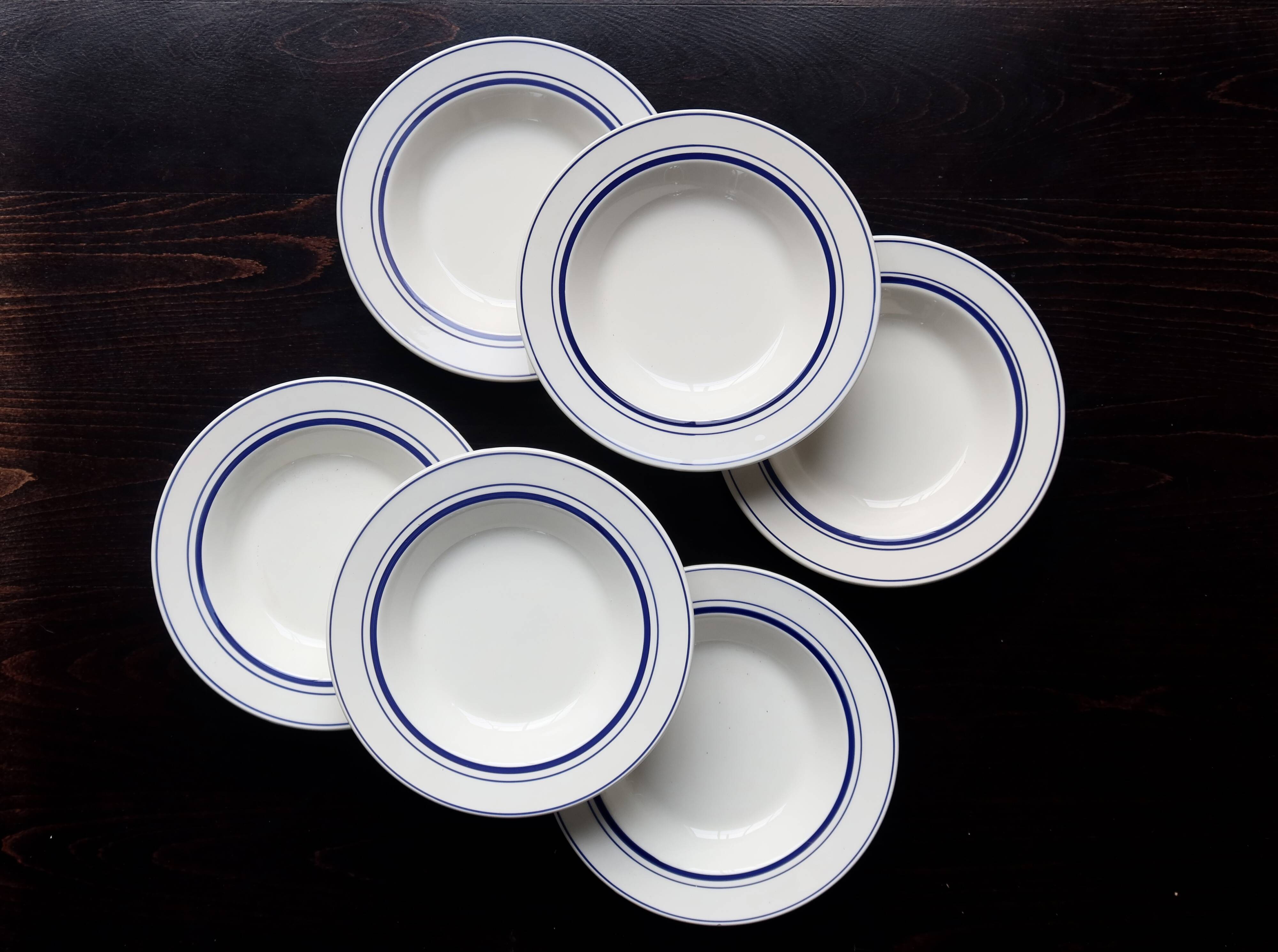 6 assiettes creuses vintage style bistrot porcelaine bleue et blanche