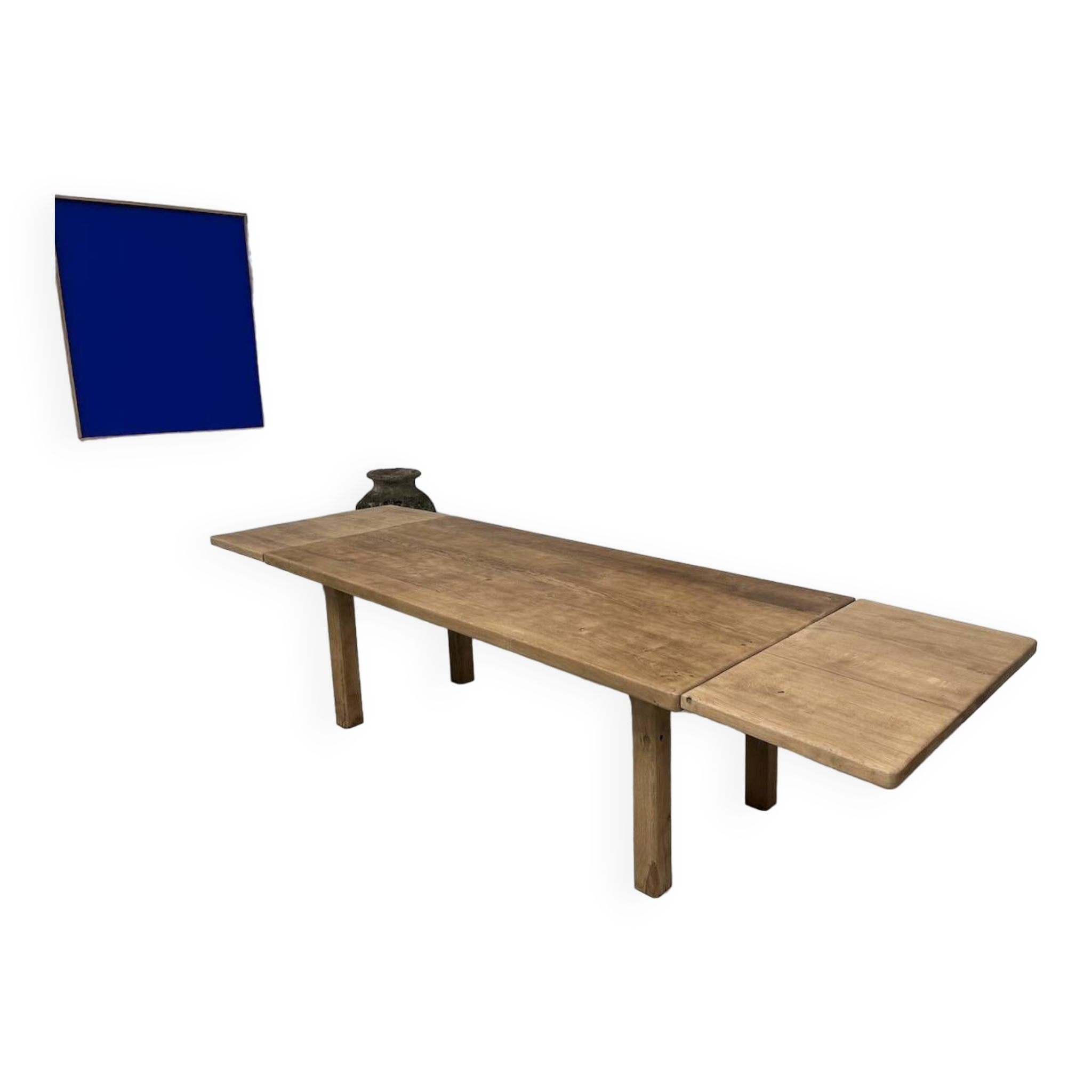 Large farm table from the 60s, in solid oak, with extensions