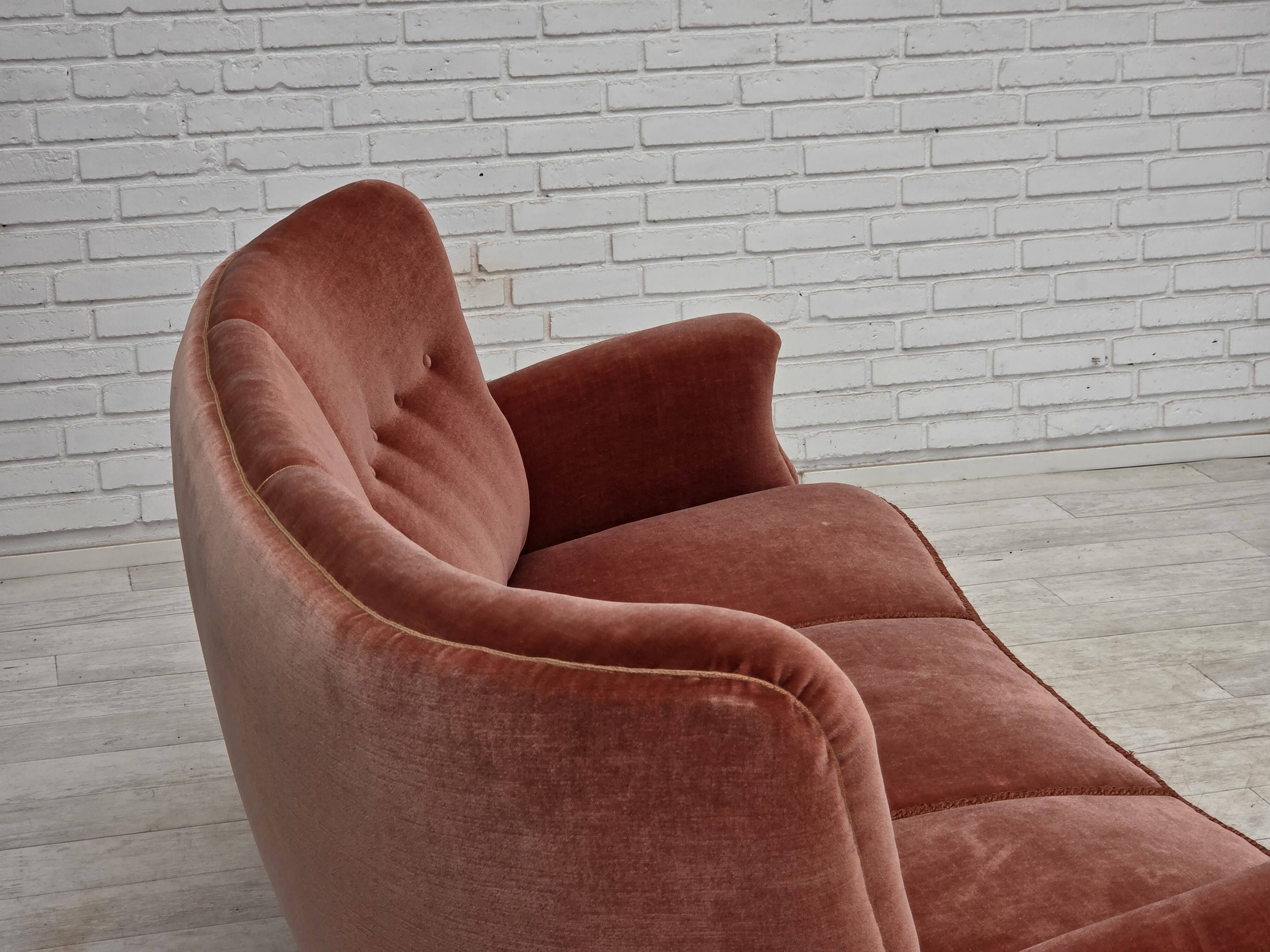 1970s, 3-seater Danish curved sofa, pink furniture velour.