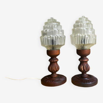 Pair Portuguese carved wood skyscraper table lamps